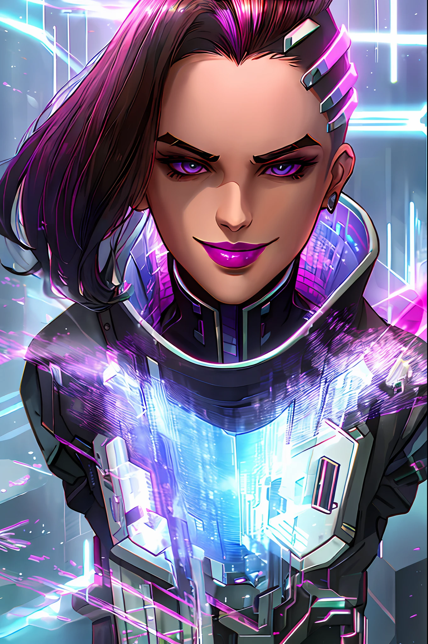 "sombra, hologram, hacker room, cyberpunk, smug smile, lipstick, undercut, best quality, flawless face"