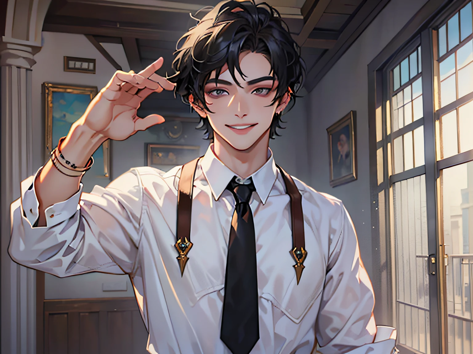 (A boy in a white shirt with short black hair standing in the room looking at the camera: 1.5) (Open eyes: 1.3) (Hands raised: 1.5) (Exquisite jewelry, makeup handsome, handsome, temperament: 1.5) (smiling expression on the face: 1.5), masterpiece, masterpiece,