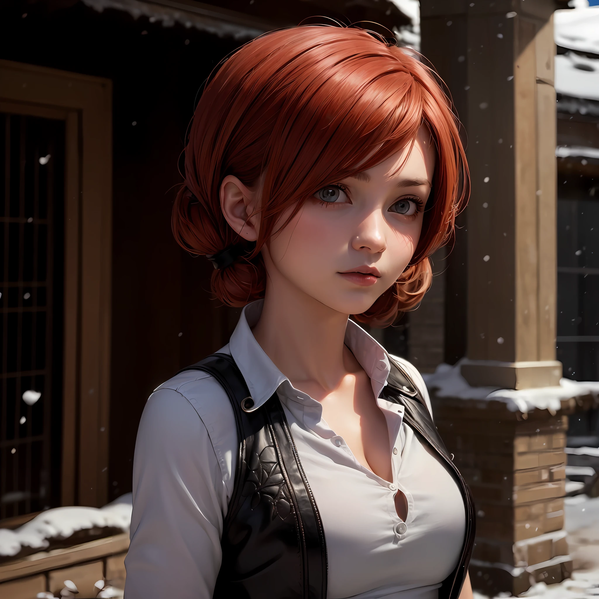 (masterpiece, ultra-quality, ultra-detailed),1girl, Lara Croft, short red hair, one pigtail, lush hairstyle, intricate details, white shirt, leather vest, against the backdrop of snow-capped mountains, 4K resolution, hyper-realistic