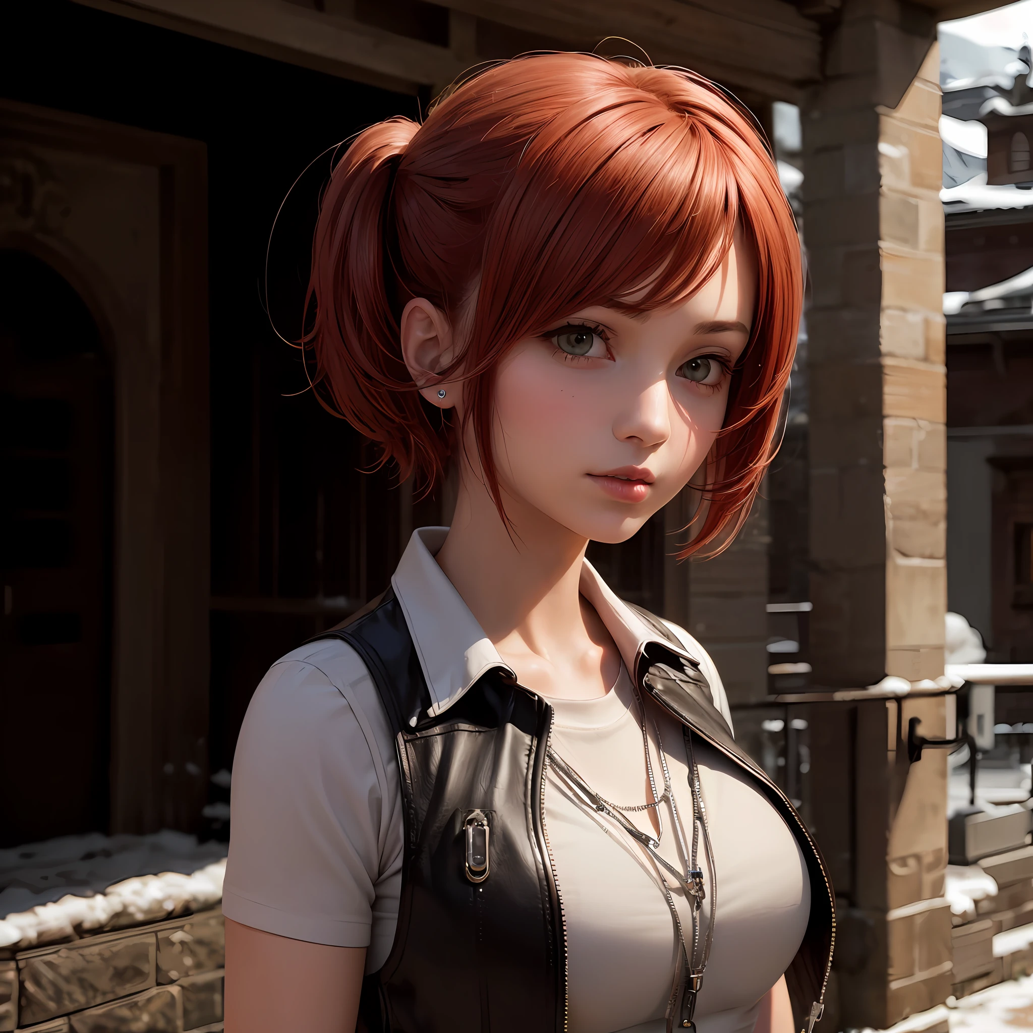 (masterpiece, ultra-quality, ultra-detailed),1girl, Lara Croft, short red hair, one pigtail, lush hairstyle, intricate details, white shirt, leather vest, against the backdrop of snow-capped mountains, 4K resolution, hyper-realistic