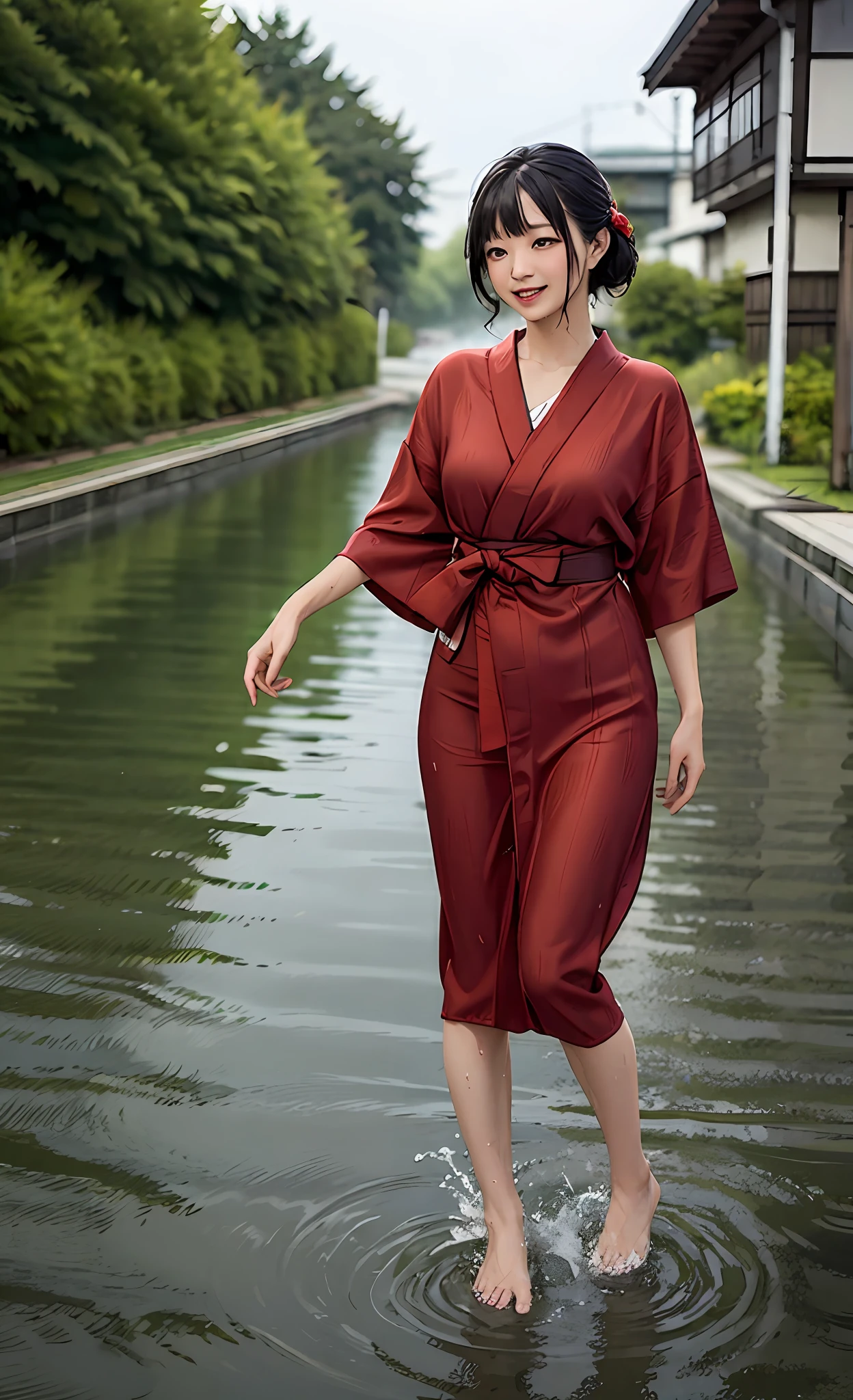 red yukata, big, exposure, Japan person, legs open, getting wet in the rain, front