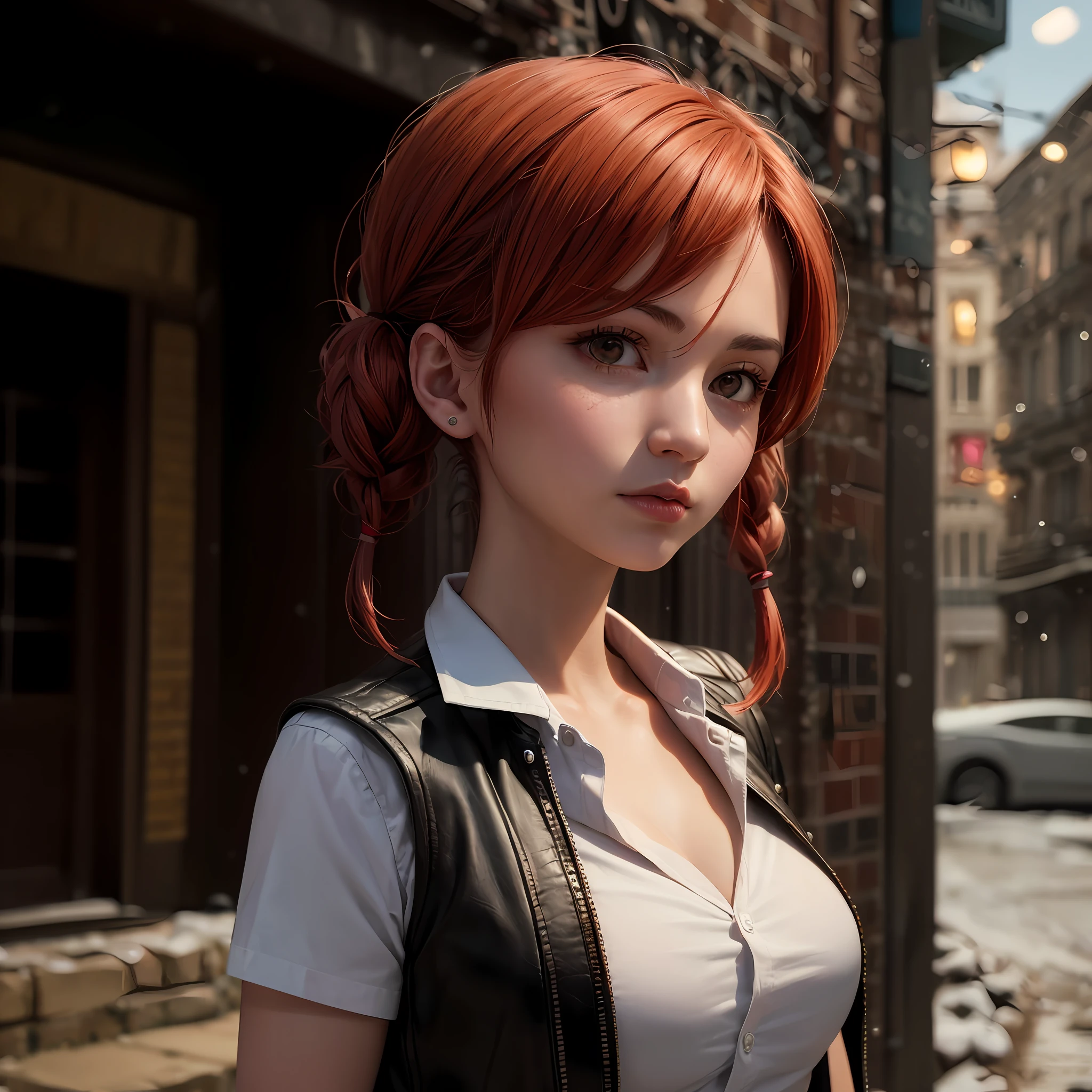 (masterpiece, ultra-quality, ultra-detailed),1girl, Lara Croft, short red hair, one pigtail, lush hairstyle, intricate details, white shirt, leather vest, against the backdrop of snow-capped mountains, 4K resolution, hyper-realistic