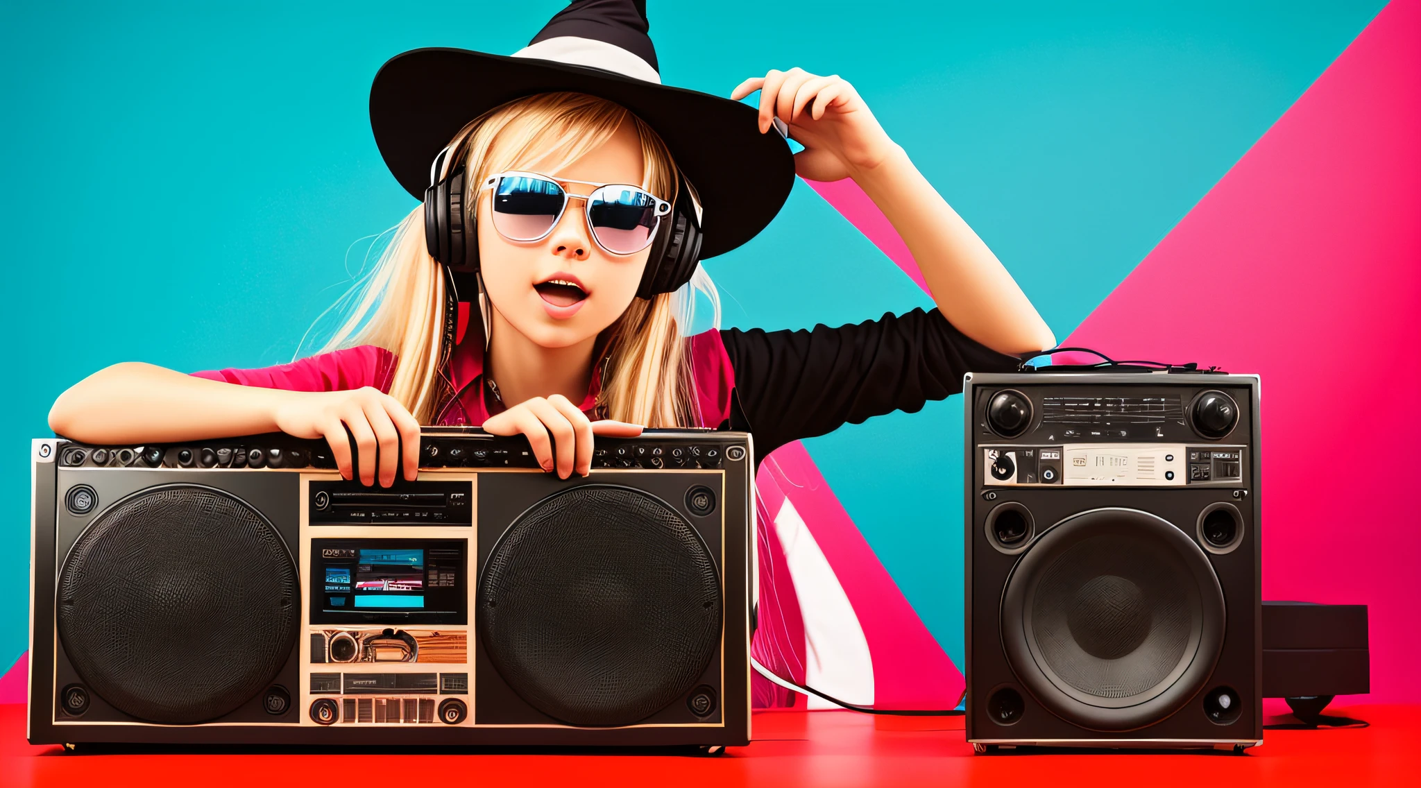 mENINA LONG HAIR BLONDE CHILD WEARING A WITCH'S HAT, holding a boombox and pointing with his hand, boombox, the music guy, ghetto blaster, on a red background, playing to music, on red background, dj, very low quality picture, red sunglasses and a guitar, big ghetto blaster, with headphones,  Music is life, new music, vibrating with music