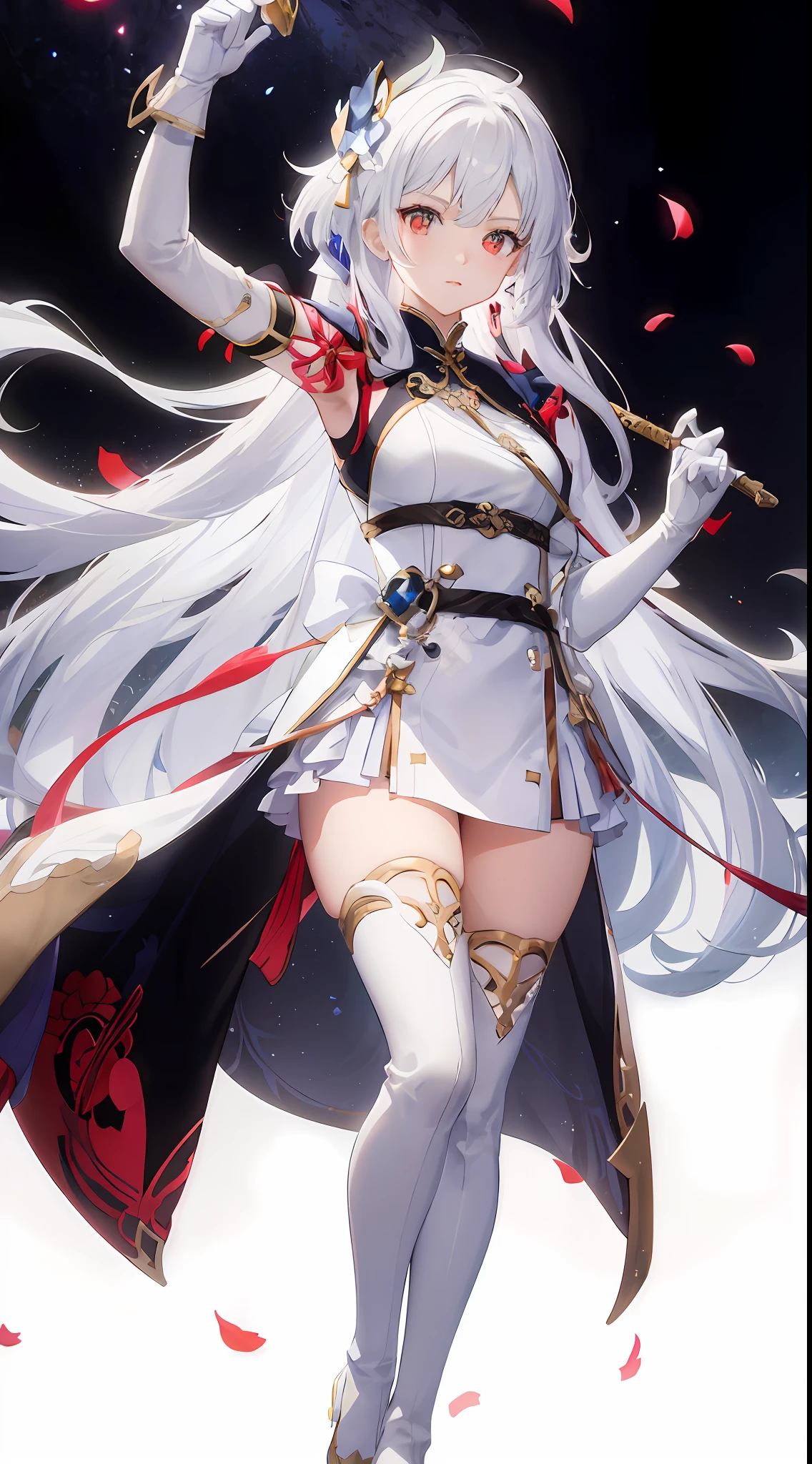 White long hair, red pupils, white suspender thigh boots, white long gloves, white over-elbow long gloves, white high-heeled thigh boots, white thigh boots, belt, leg loops, (binding), bondage, white dress, anime girl with long white hair holding a sword and white dress, Onmyoji detailed art, Onmyoji, White Haired God, Character of Azure Alley, Keqing of Genshin Impact, Azure Lane style, Kusat Krenz Key Art Feminization, Ayaka Genshin Heart Impact, Onmyoji Portrait, Anime Goddess