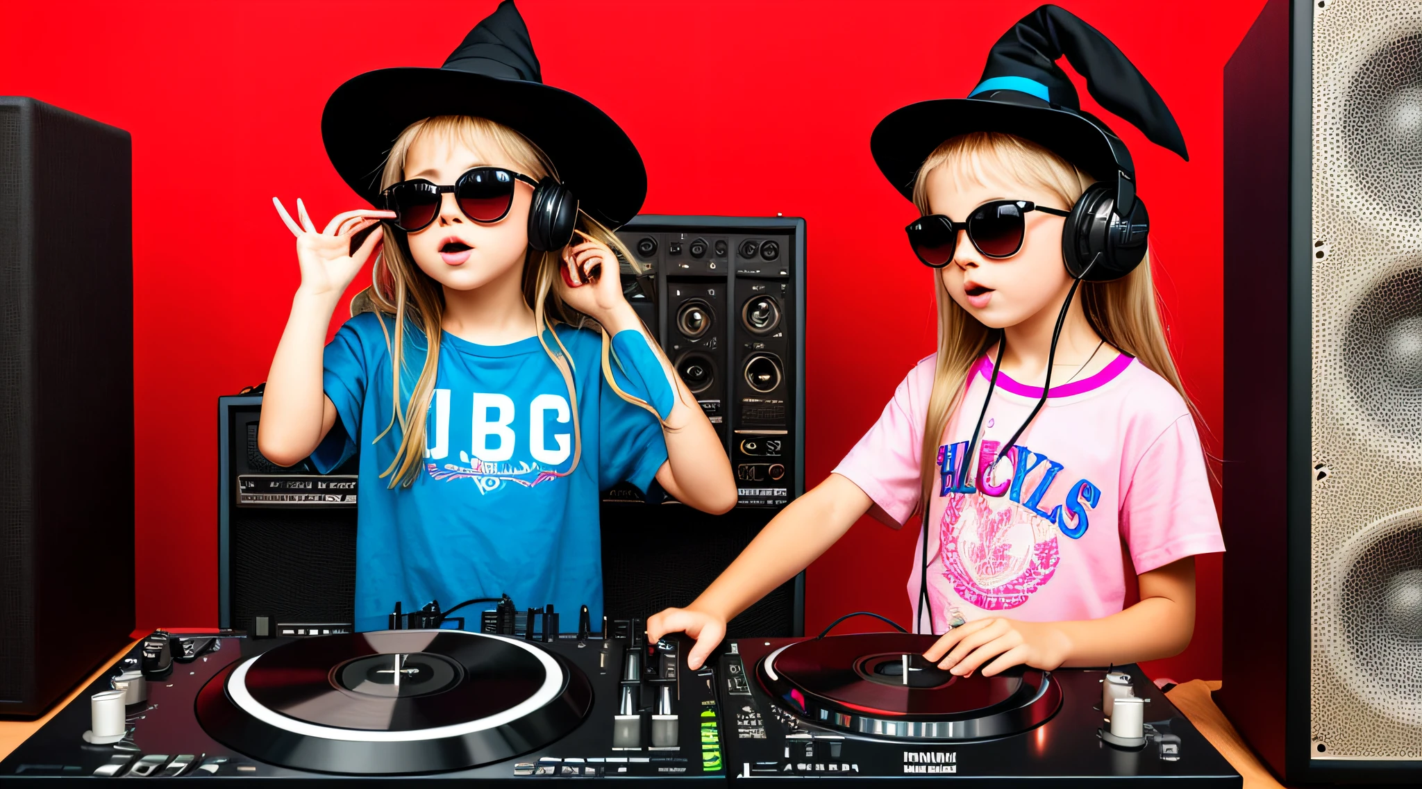 LONG HAIR BLONDE CHILD WEARING A WITCH'S HAT, holding a boombox and pointing with his hand, boombox, the music guy, ghetto blaster, on a red background, playing to music, on red background, dj, very low quality picture, red sunglasses and a guitar, big ghetto blaster, with headphones, Music is life, new music, vibrating with music