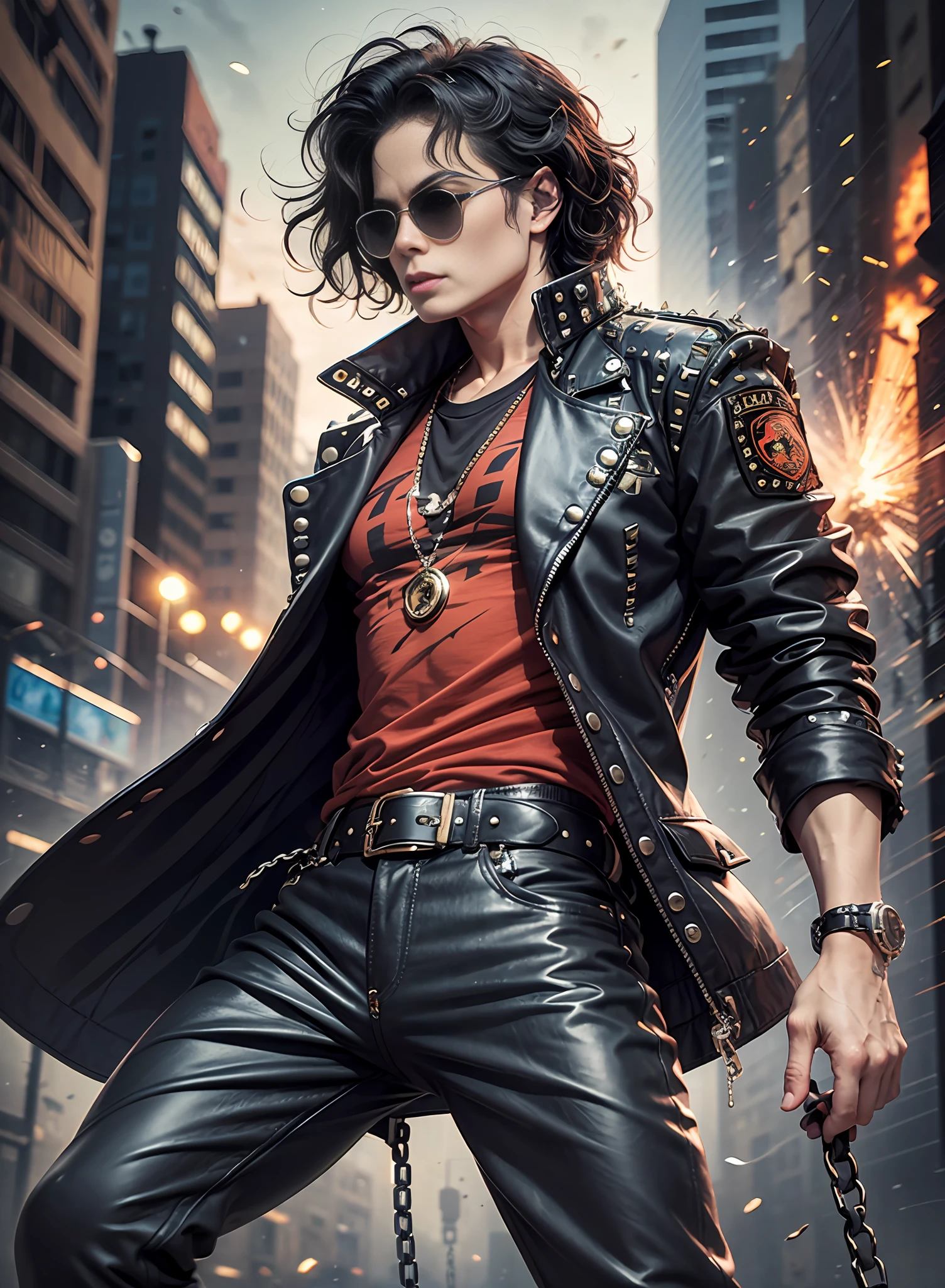 Michael jackson, sunglasses, black pants with rivets, 1 black belt, long coat, long t-shirt, rivets, holster, rivets, chains, just one body, front view, night, explosions behind, plays electric guitar.