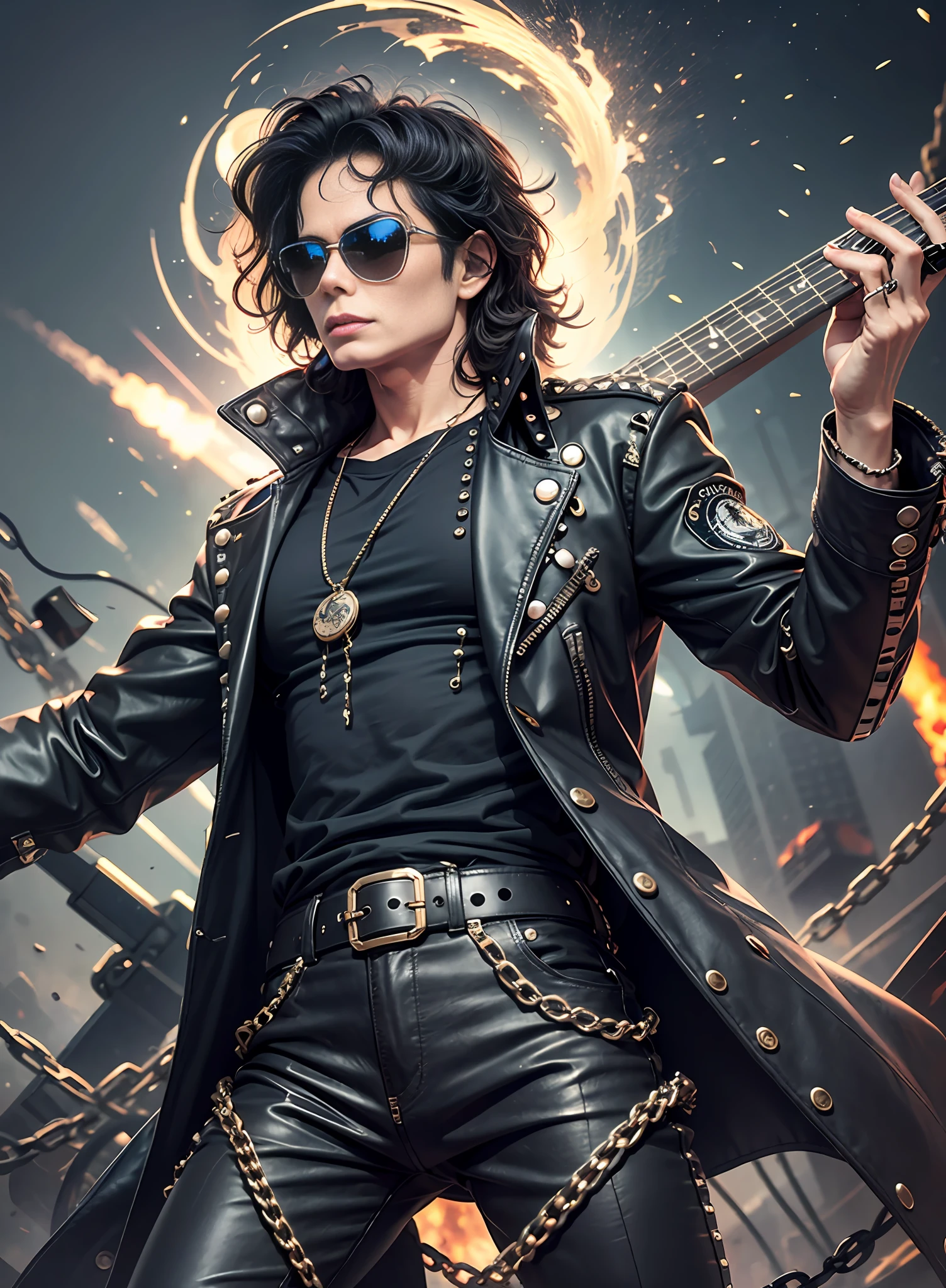 Michael jackson, sunglasses, black pants with rivets, 1 black belt, long coat, long t-shirt, rivets, holster, rivets, chains, just one body, front view, night, explosions behind, plays electric guitar.