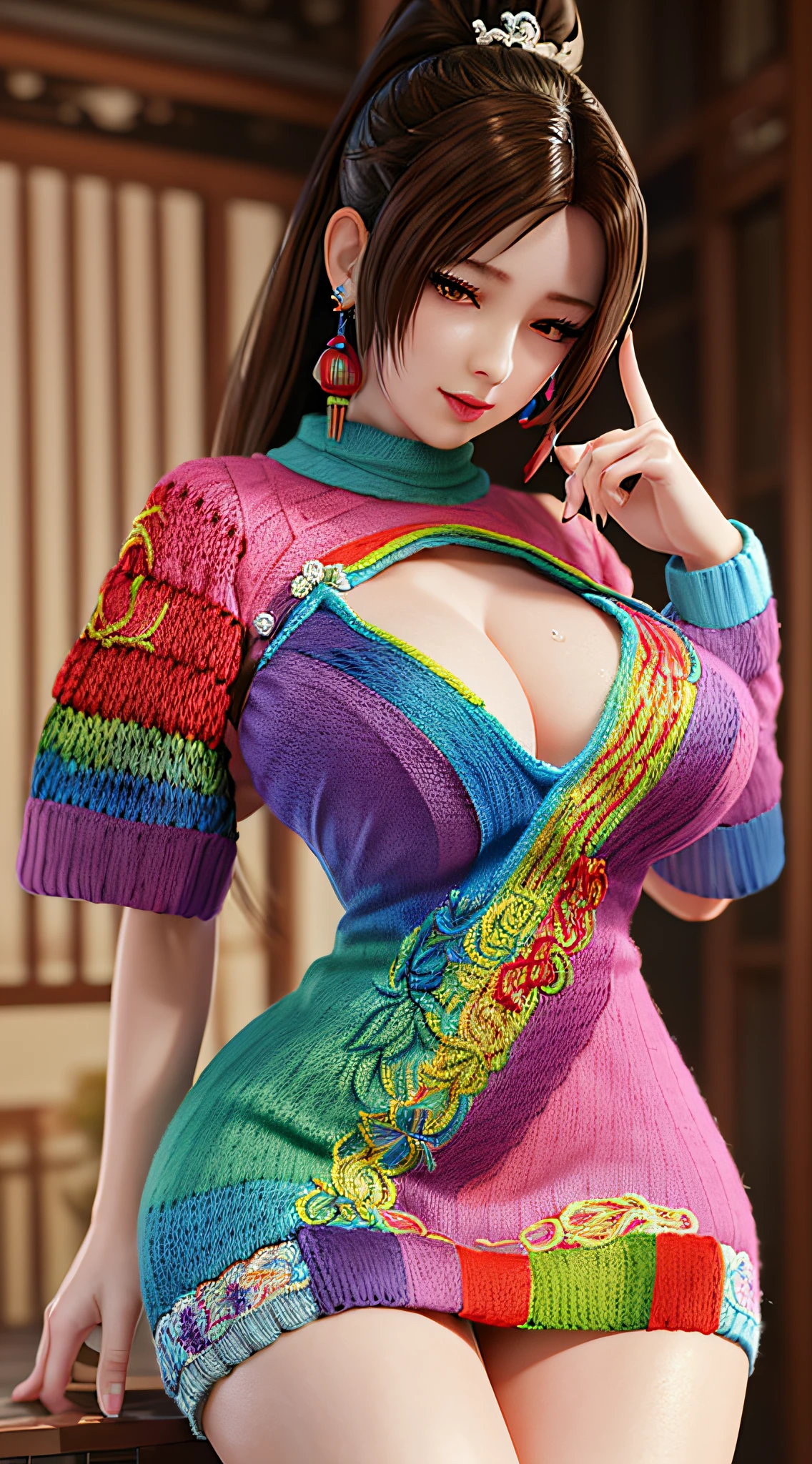 long shot,nighttime,(1girl),akiryo-mai ,Necklaces, earrings,Brownish red hair,Shy, blushing,see-through,(vibrant rainbow color scheme art; Suzhou embroidery technology; knitted sweater hole dress:1.6),(sweat:1.25), (Rose-tattoos :1.2) ,(((solo))),depth of field,(Masterpiece:1.5),(best quality:1.4),extremely detailed ,3D,Cinema-4D , 8k,Photorealistic ,( Charming female body), (gigantic breasts),Facing the camera, Pink lips,(((Finger details))),Subject centered,(((Extra hands))), (((extra legs))),