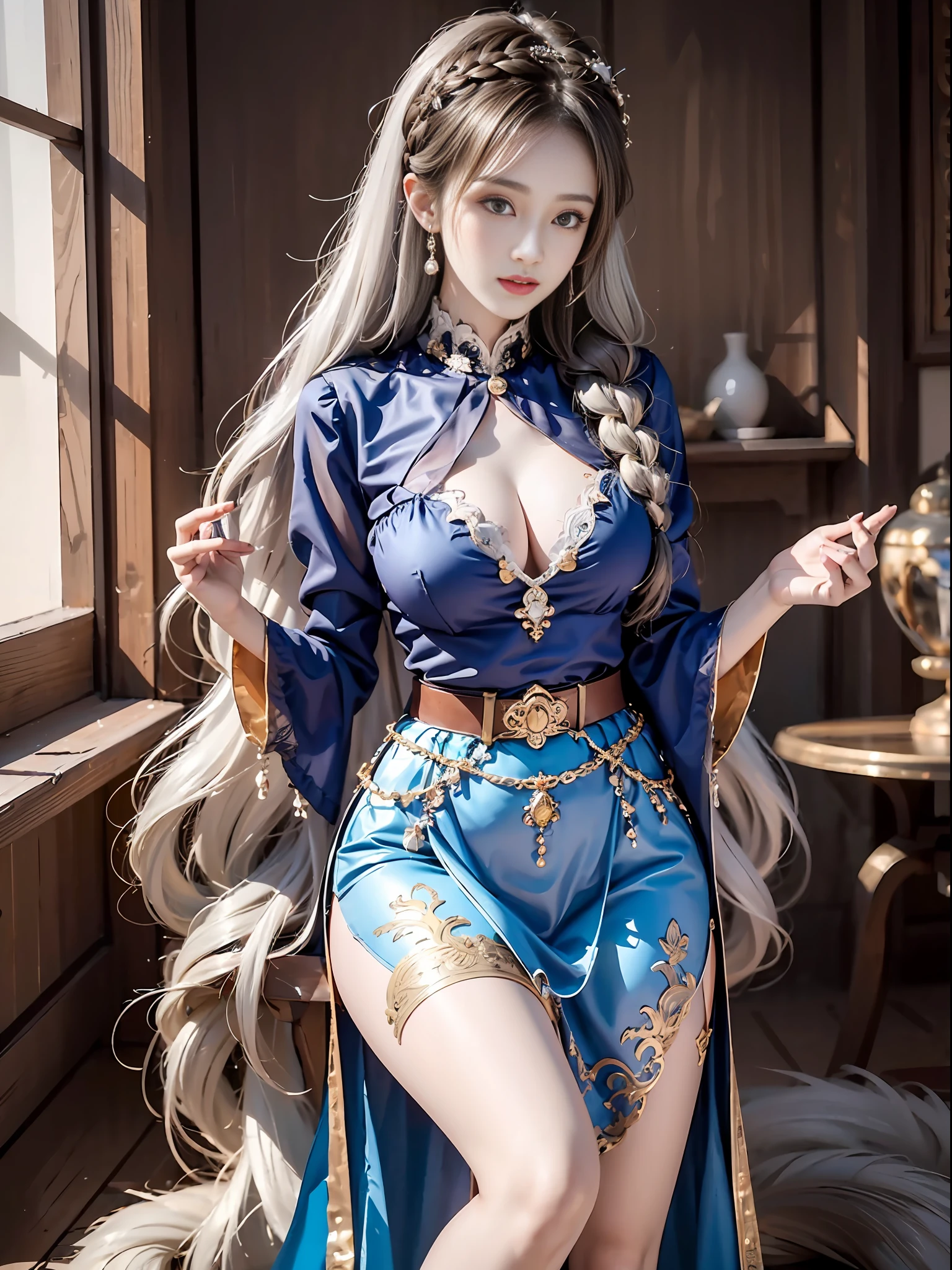 Best quality, best lighting, superb photo, best texture, silver blue flowing long hair, simple braided hair, sensual intellectual cool temperament beauty, red long dress, low-cut tucked outer skirt, ferret hair embellishment, gold exquisite belt, perfect body, pointed long and exquisite hair accessories, sense of atmosphere