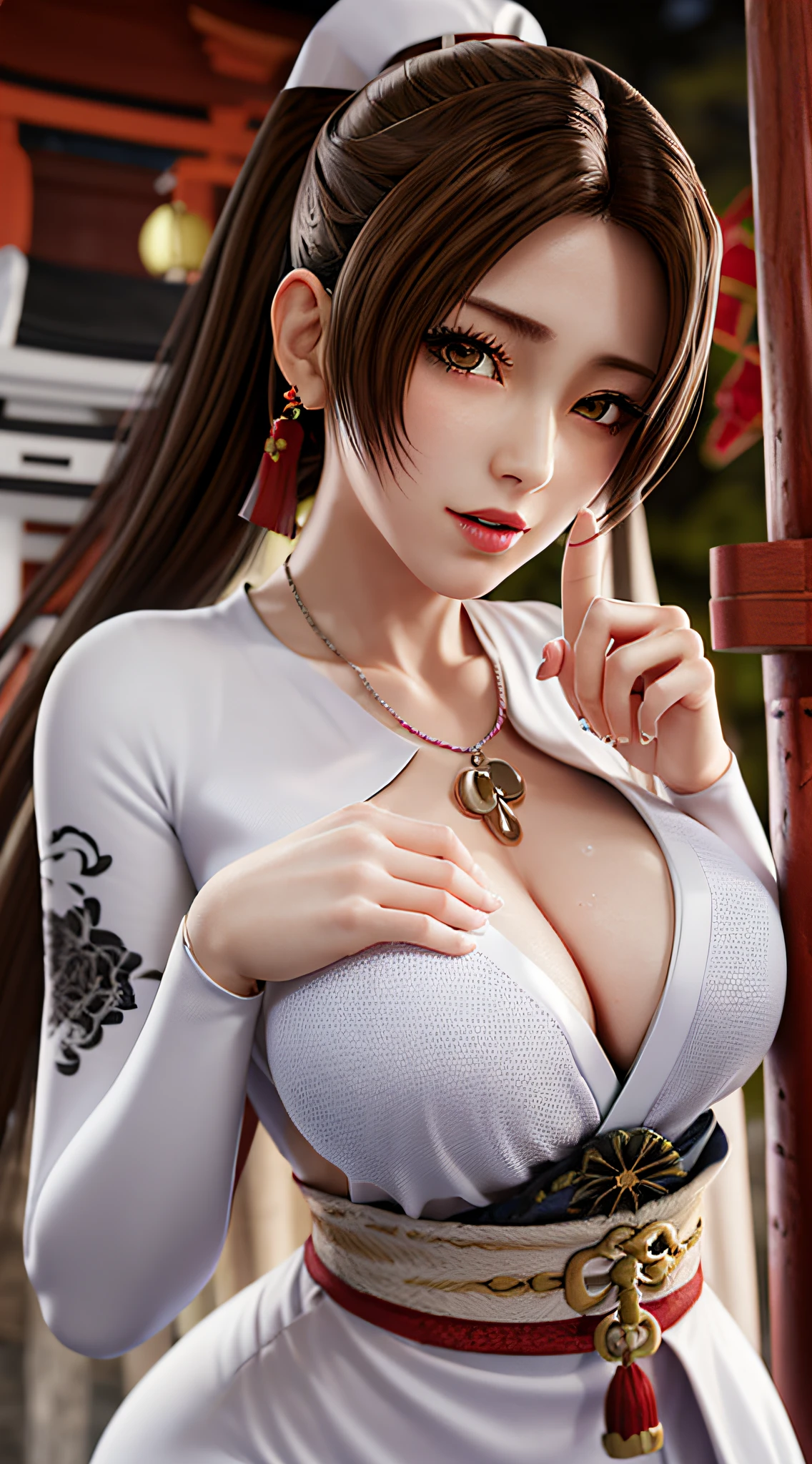 long shot,nighttime,(1girl),akiryo-mai ,Necklaces, earrings,Brownish red hair,Shy, blushing,see-through,(Japanese Shrine Witch Dress;White-clothes:1.6),(sweat:1.25), (Rose-tattoos :1.2) ,(((solo))),depth of field,(Masterpiece:1.5),(best quality:1.4),extremely detailed ,3D,Cinema-4D , 8k,Photorealistic ,( Charming female body), (gigantic breasts),Facing the camera, Pink lips,(((Finger details))),Subject centered,(((Extra hands))), (((extra legs))),