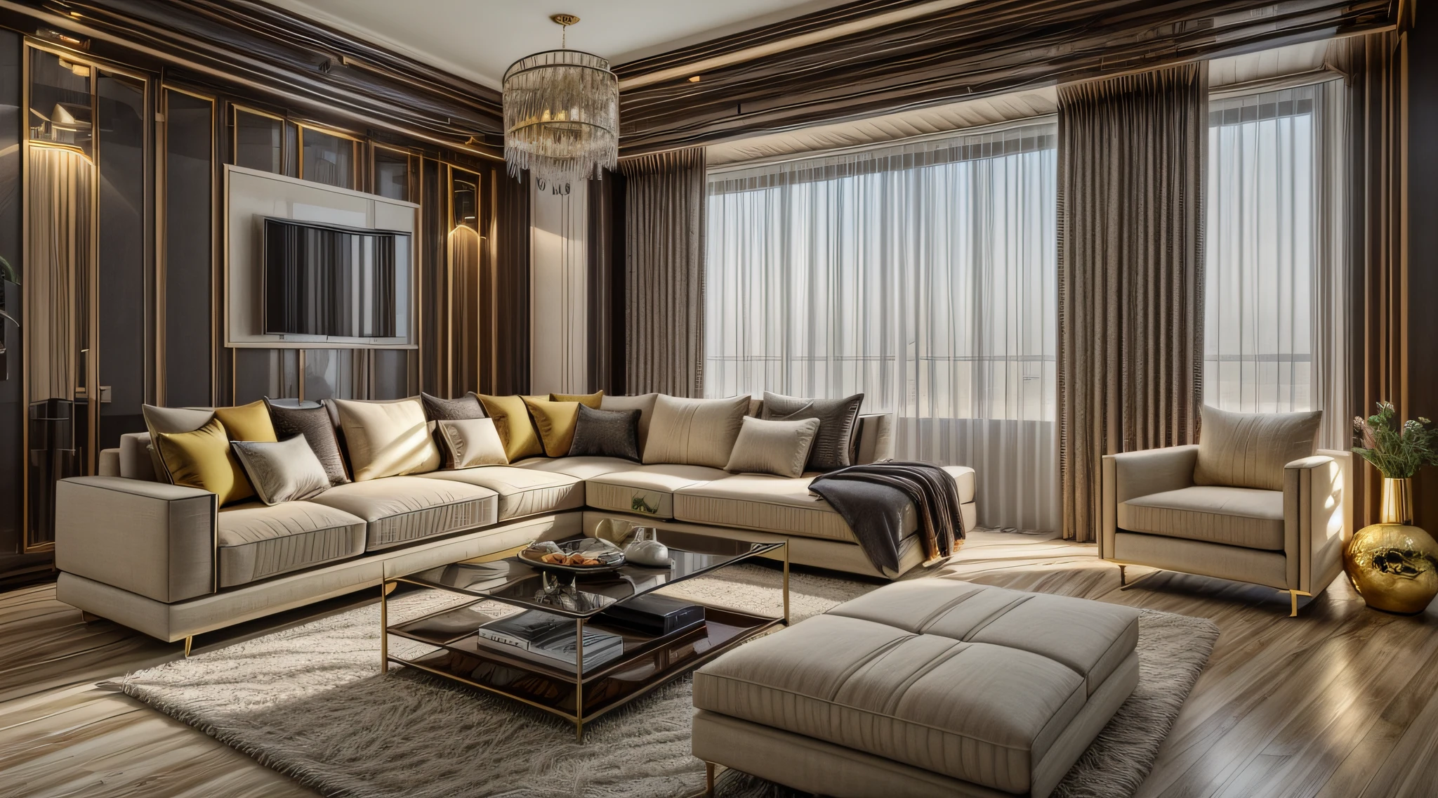 luxury bedroom, masterpiece, best quality, super detail, ultra high resolution, raw photo, 8k, modern living room, ( fabric sofa), (fabric pillow), imitation stone plastic paneling, brown and white, luxury, enchanting light style, light yellow and light black, combination of traditional and modern, light soft atmosphere, hard lines, masterpiece, surreal, 32k, extremely detailed Best quality CG unity 8k wallpaper INFO