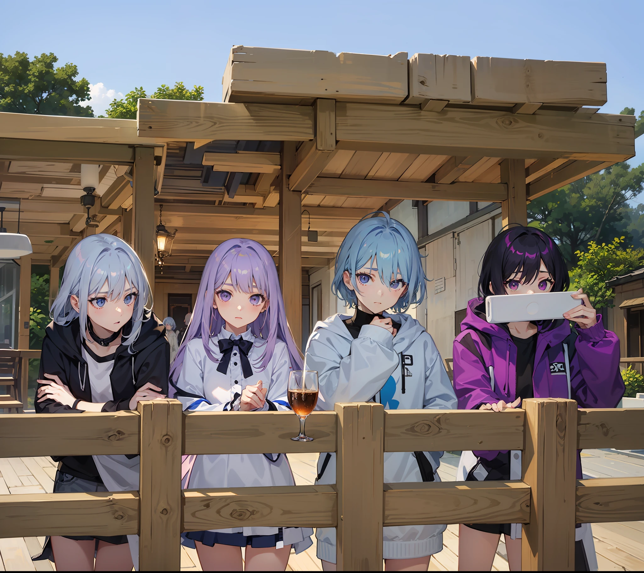 Masterpiece, four people, fence, roof, wooden floor, group photo, café, a girl with gray hair and light gray eyes, a girl with off-white hair and pink eyes, a girl with light blue hair and light blue eyes, a girl with purple hair and purple eyes, facing the camera
