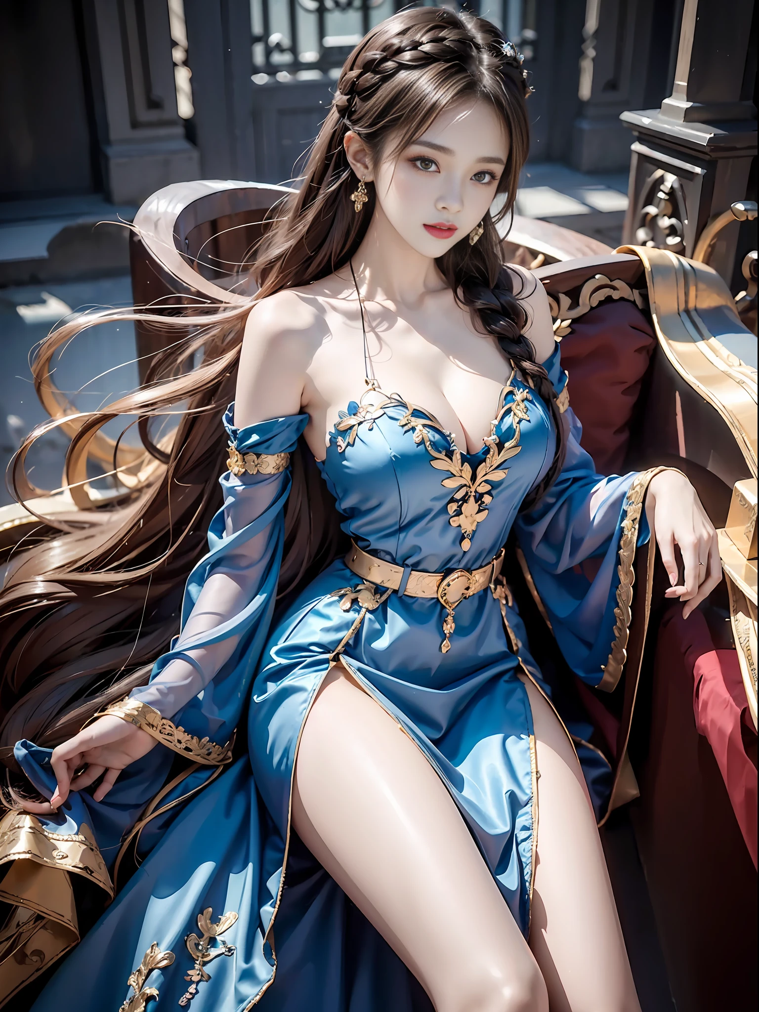 Best quality, best lighting, superb photo, best texture, silver blue flowing long hair, simple braided hair, sensual intellectual cool temperament beauty, red long dress, low-cut tucked outer skirt, ferret hair embellishment, gold exquisite belt, perfect body, pointed long and exquisite hair accessories, sense of atmosphere
