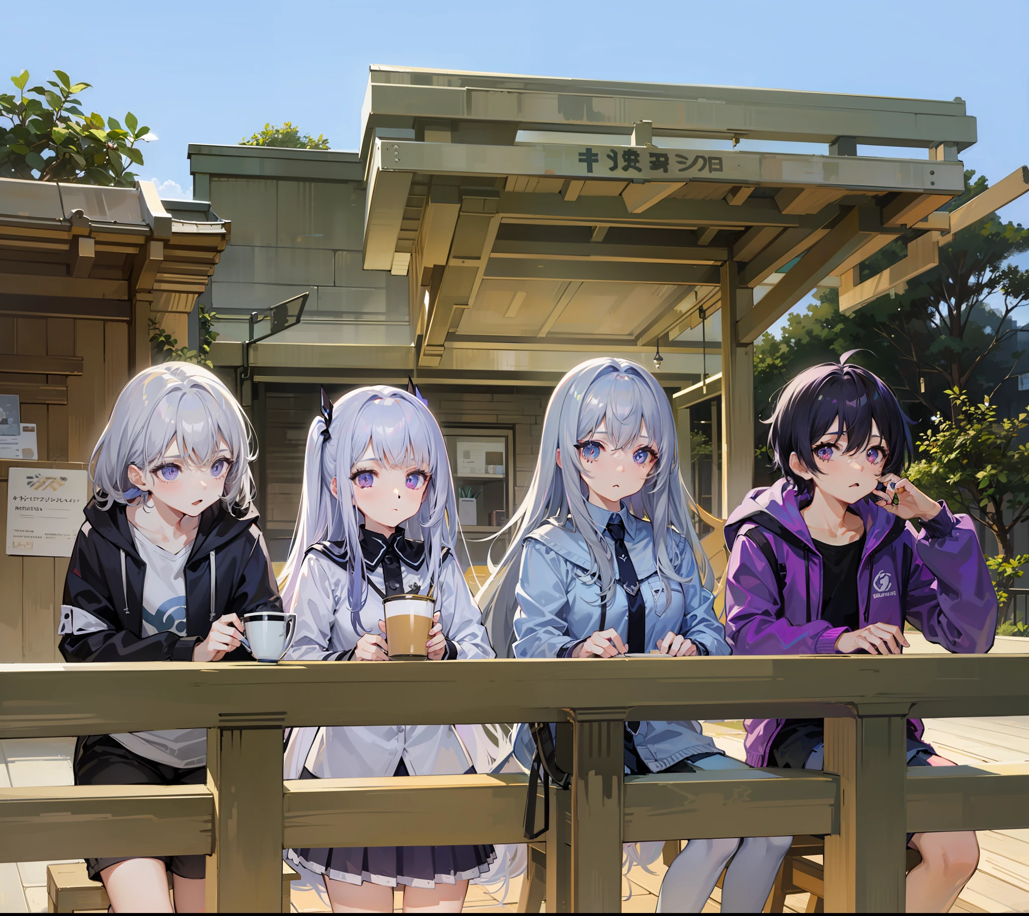 Masterpiece, four people, fence, roof, wooden floor, group photo, café, a girl with gray hair and light gray eyes, a girl with off-white hair and pink eyes, a girl with light blue hair and light blue eyes, a girl with purple hair and purple eyes, facing the camera