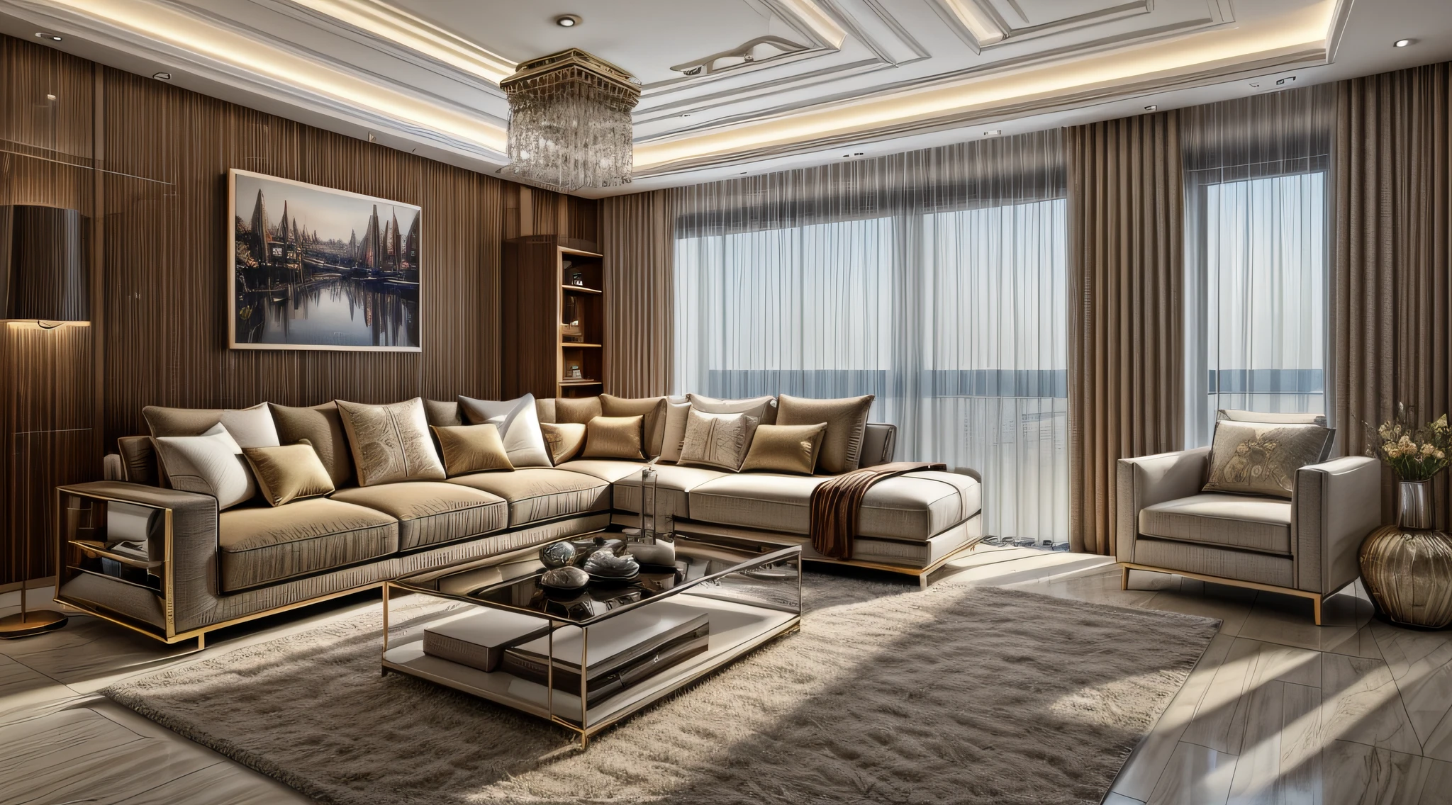 luxury bedroom, masterpiece, best quality, super detail, ultra high resolution, raw photo, 8k, modern living room, ( fabric sofa), (fabric pillow), imitation stone plastic paneling, brown and white, luxury, enchanting light style, light yellow and light black, combination of traditional and modern, light soft atmosphere, hard lines, masterpiece, surreal, 32k, extremely detailed Best quality CG unity 8k wallpaper INFO