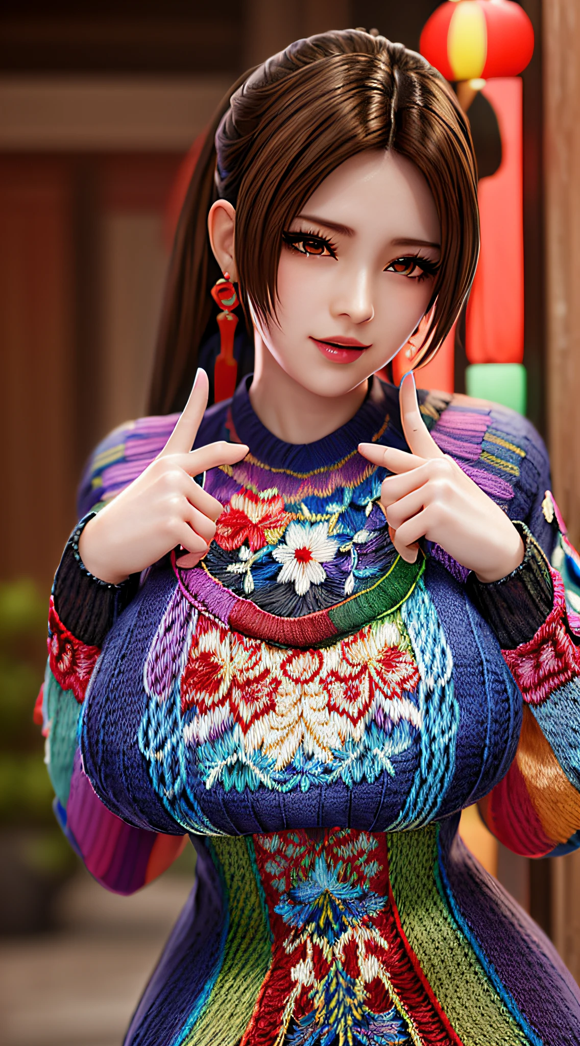 long shot,nighttime,akiryo-mai ,Necklaces, earrings,Brownish red hair,Shy, blushing,see-through,(vibrant rainbow color scheme art; Suzhou embroidery technology; knitted sweater hole dress:1.6),(sweat:1.25), (Rose-tattoos :1.2) ,(((solo))),depth of field,(Masterpiece:1.5),(best quality:1.4),extremely detailed ,3D,Cinema-4D , 8k,Photorealistic ,( Charming female body), (gigantic breasts),Facing the camera, Pink lips,(((Finger details))),Subject centered,(((Extra hands))), (((extra legs))),