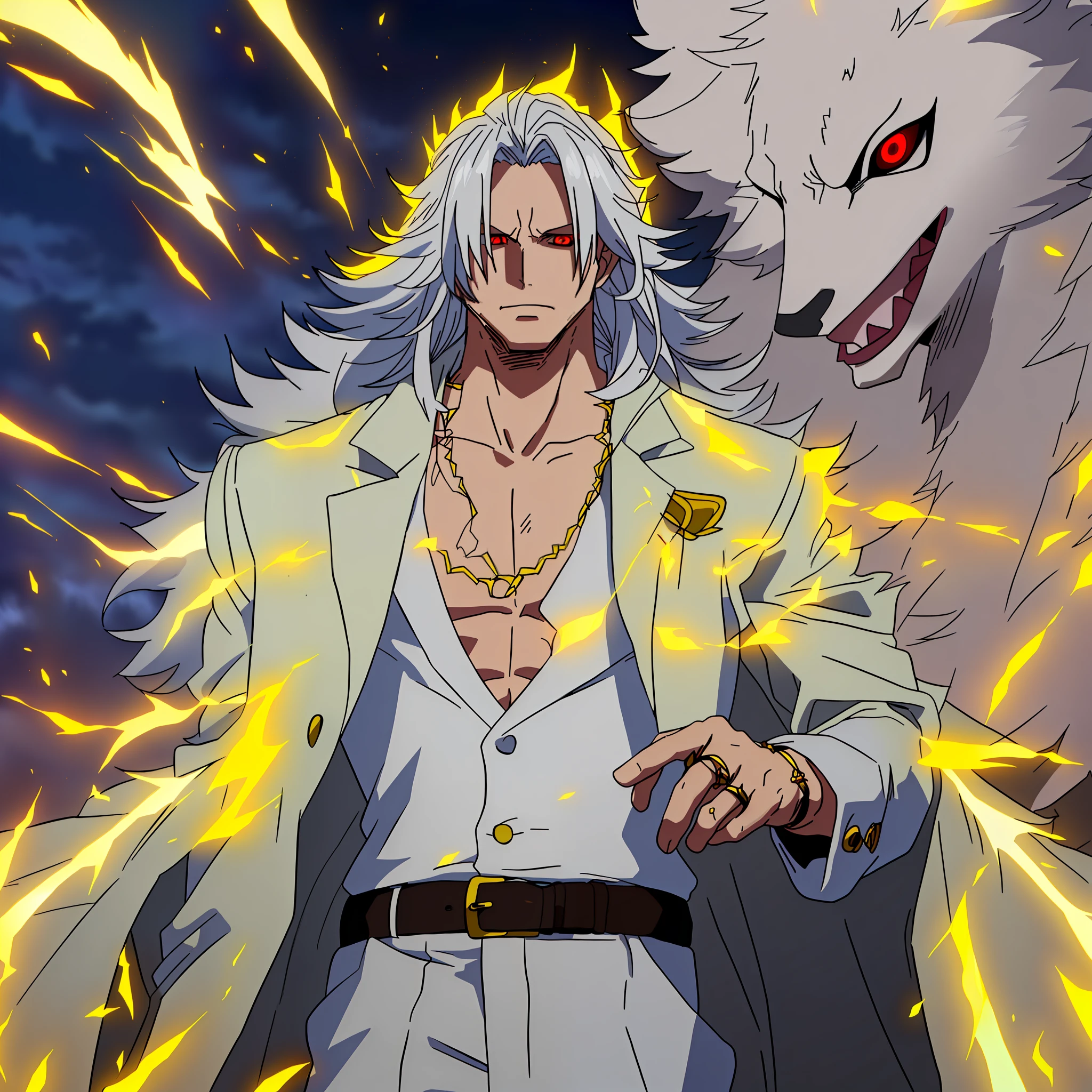 Highest quality, finely crafted lighting, young adult male, long back hair, gray multicolored hair, hair in stir, highlighted red eyes, night environment, lightning, sky with rays, divine style clothes, gold necklaces, white overcoat, gold rings