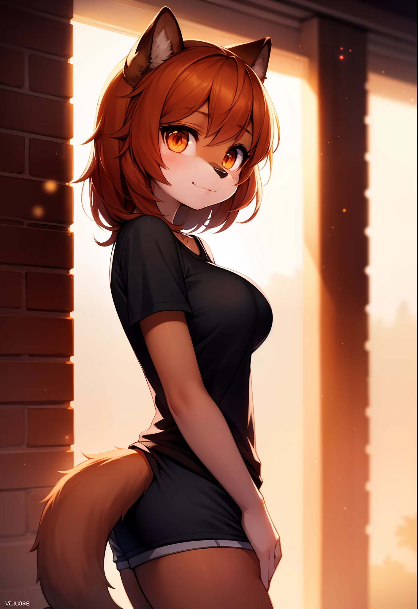 hairy, brown fur, ultra cute face, orange eyes, medium hair, medium breasts, dark brown elements in the fur, bright t-shirt, beautiful lights and shadows, ambient light, ultra detailed hair, volumetric light, cute tail