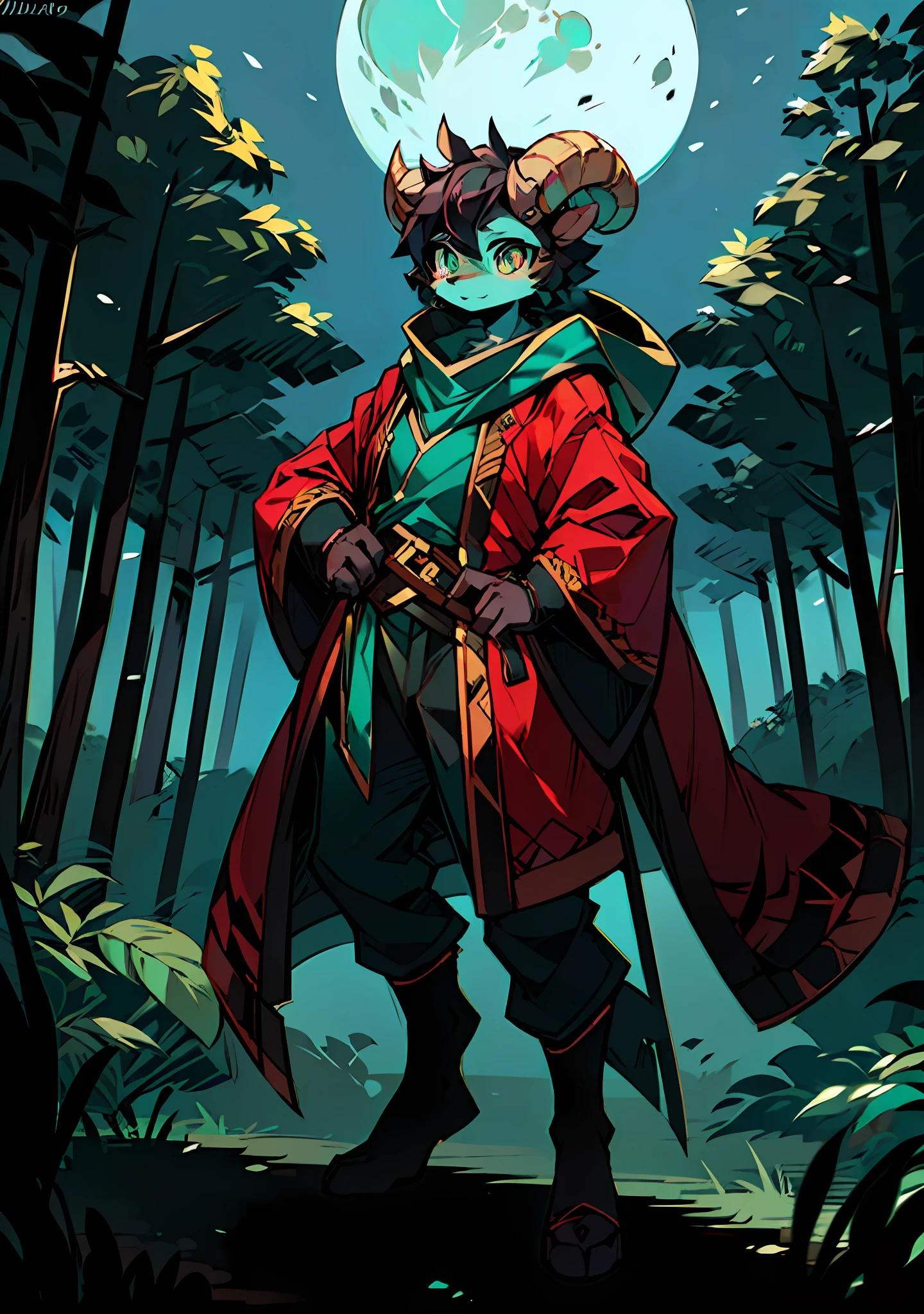 Best Quality, Super Detailed Illustration, (1 Furry Sheep Girl with Horns: 1.5), Black Hair, Malachite Eyes, (Rogue's Robe: 1.7), Forest, Moon, Sketch, Full Body, Top Quality, Anime, Full-Length, Whole Body Visible, Perfect Body, (Very Fluffy: 1.5), Adult