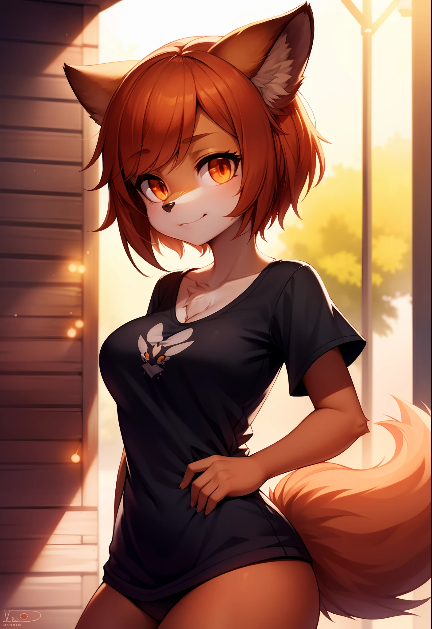 hairy, brown fur, ultra cute face, orange eyes, medium hair, medium breasts, dark brown elements in the fur, bright t-shirt, beautiful lights and shadows, ambient light, ultra detailed hair, volumetric light, cute tail