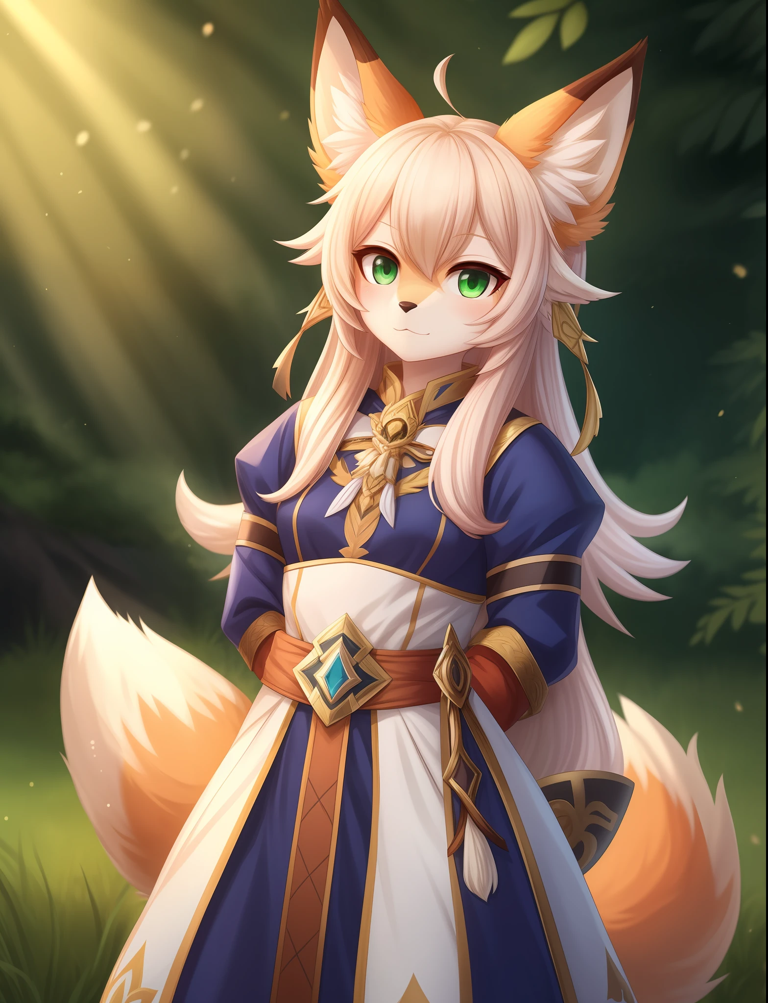 (fluffy anthro furry:1.3), 1girl, solo, hair, fox, fox ears, furry, nahida \(genshin impact\),cross-shaped pupils, green eyes,(ponytail, pointy ears:0.6),best quality,masterpiece,a very delicate and beautiful , (one cute girl at the center:1.2), (solo:1.3), nahida \(genshin impact\), cross-shaped pupils, (ponytail, pointy ears,:0.6) ,cowboy shot,hands behind back,two hands,fluffy fox tail,