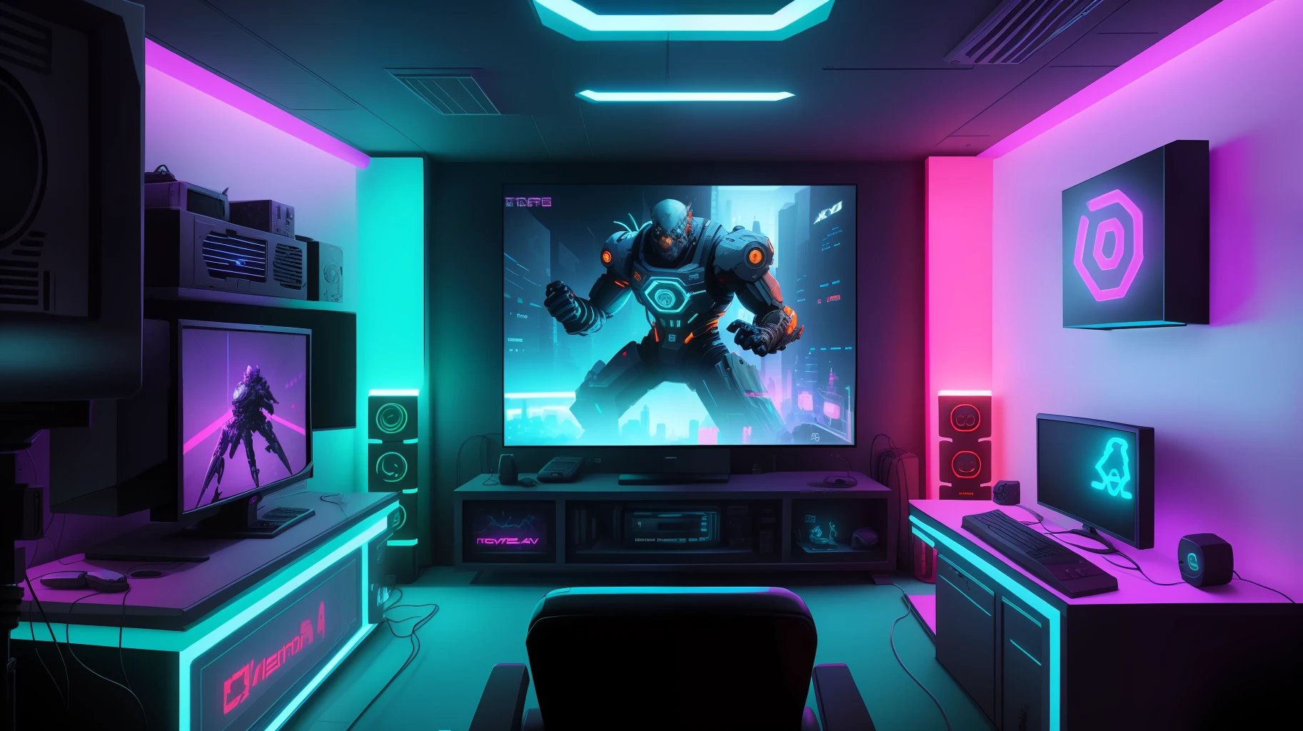 Immerse yourself in a vibrant cyberpunk gaming bedroom, adorned with captivating blue-purple neon lights that bring a futuristic atmosphere to life. Get ready for intense and action-packed gaming scenes as you focus on the large screen positioned on the left.