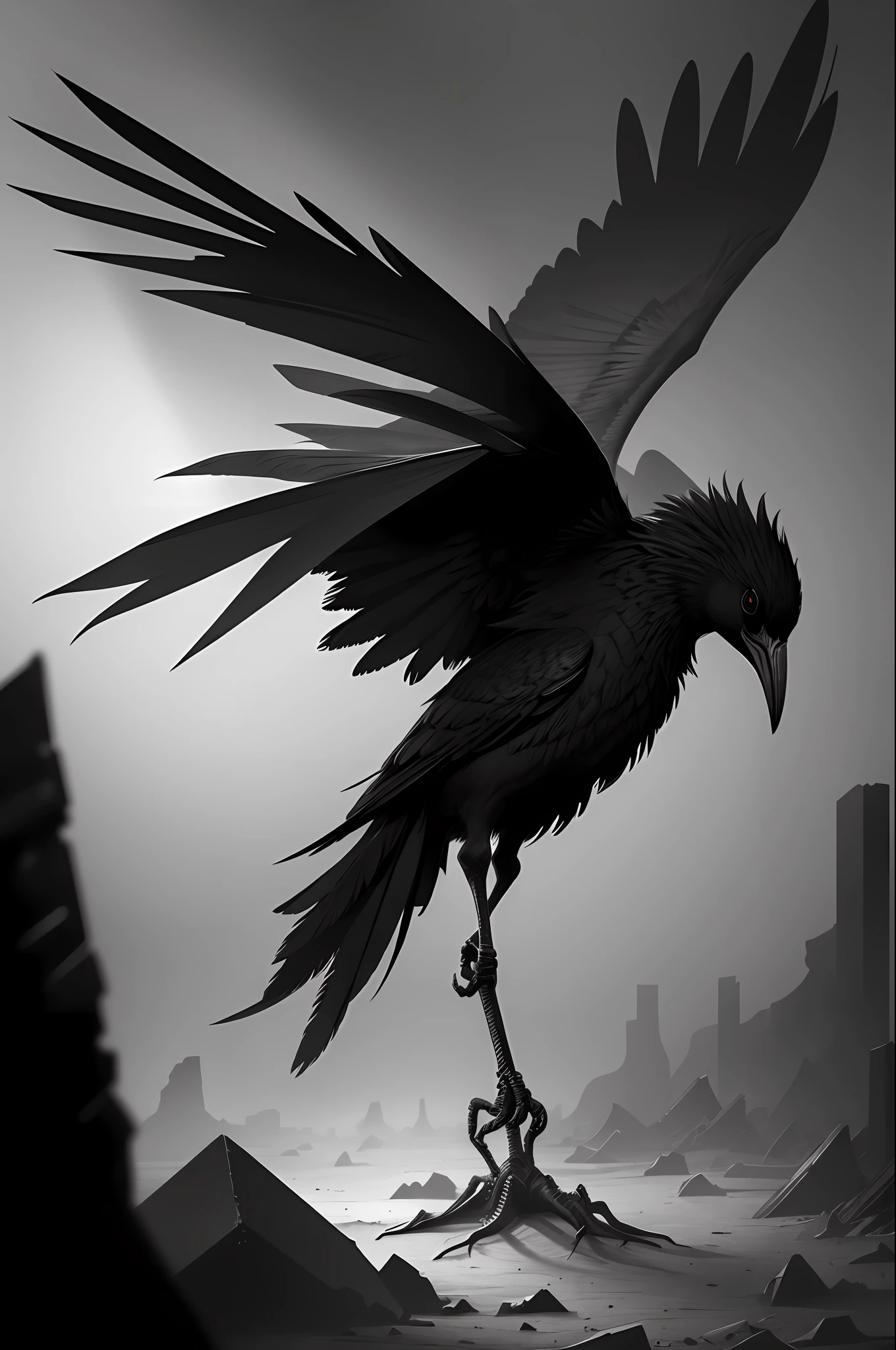 "Masterpiece with exceptional quality, detailed and realistic image of a necrophagous bird in the foreground, dark tones and gloomy atmosphere, in a desolate and gloomy landscape, with dramatic shadows and dim lighting."