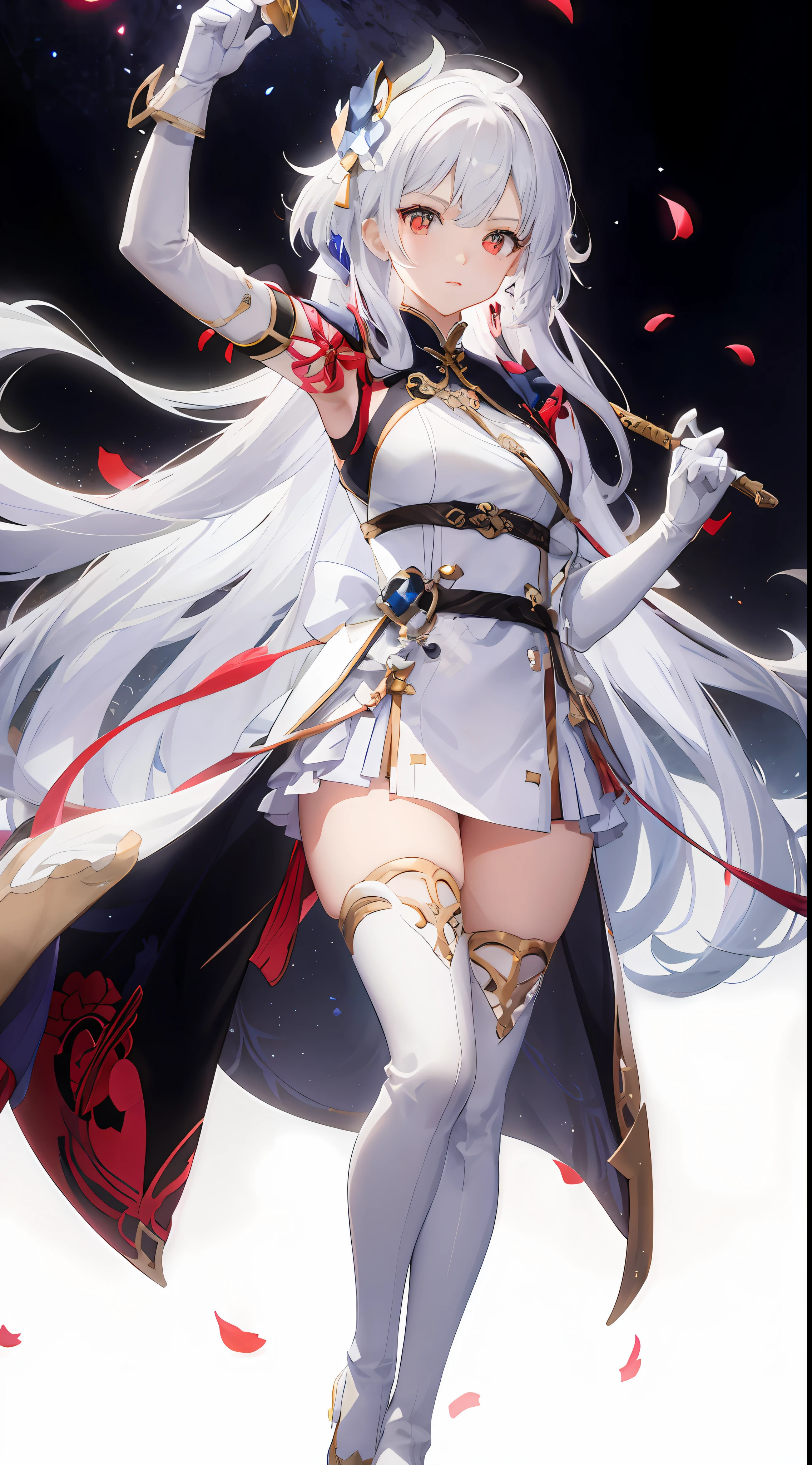 White long hair, red pupils, white suspender thigh boots, white long gloves, white over-elbow long gloves, white high-heeled thigh boots, white thigh boots, belt, leg loops, (binding), bondage, white dress, anime girl with long white hair holding a sword and white dress, Onmyoji detailed art, Onmyoji, White Haired God, Character of Azure Alley, Keqing of Genshin Impact, Azure Lane style, Kusat Krenz Key Art Feminization, Ayaka Genshin Heart Impact, Onmyoji Portrait, Anime Goddess