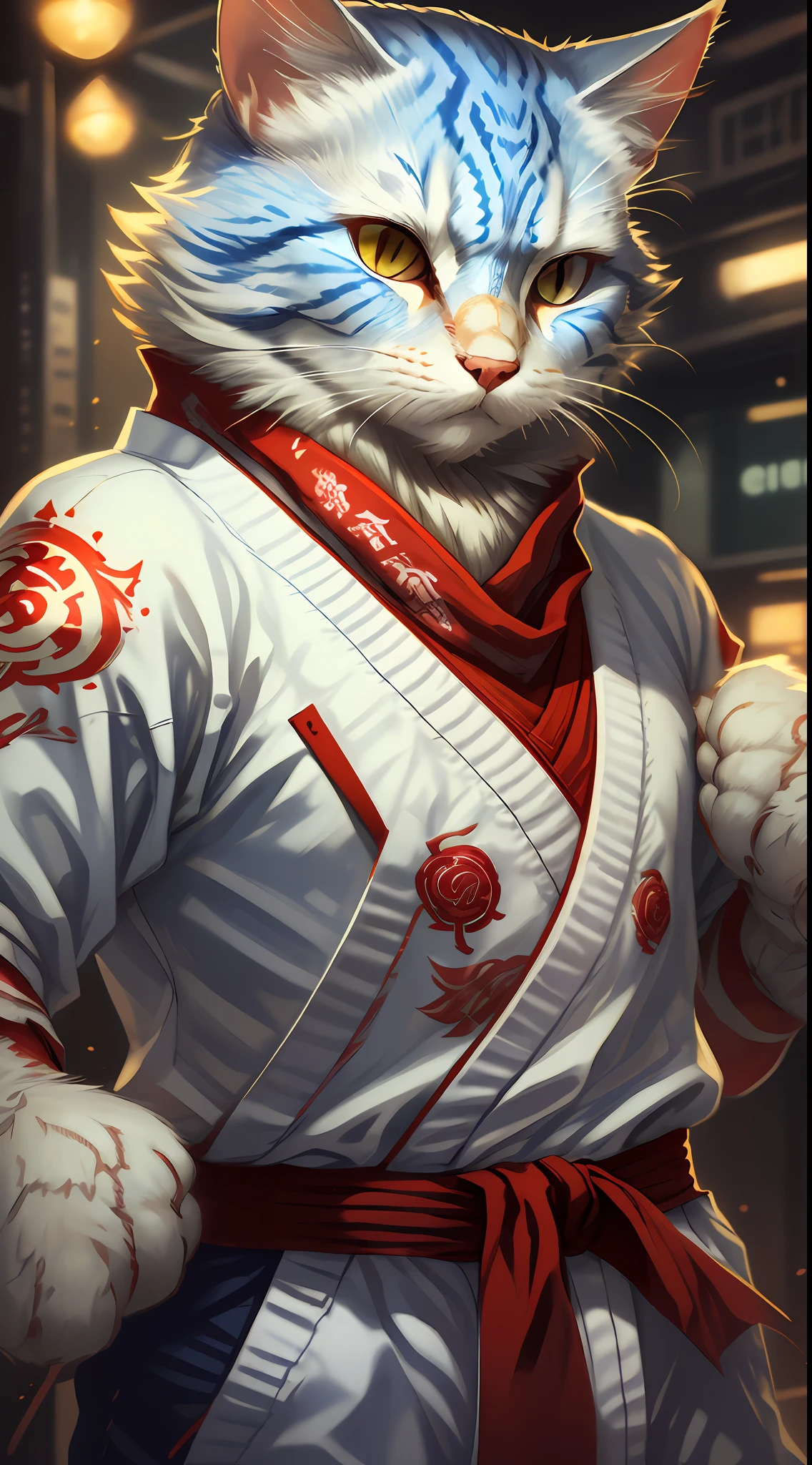 c4ttitude, wearing white karate costume, red bandana, focused energy, street fighter, (intricate detail), hdr, (intricate detail, super fine: 1.2), cinema shot, centered,