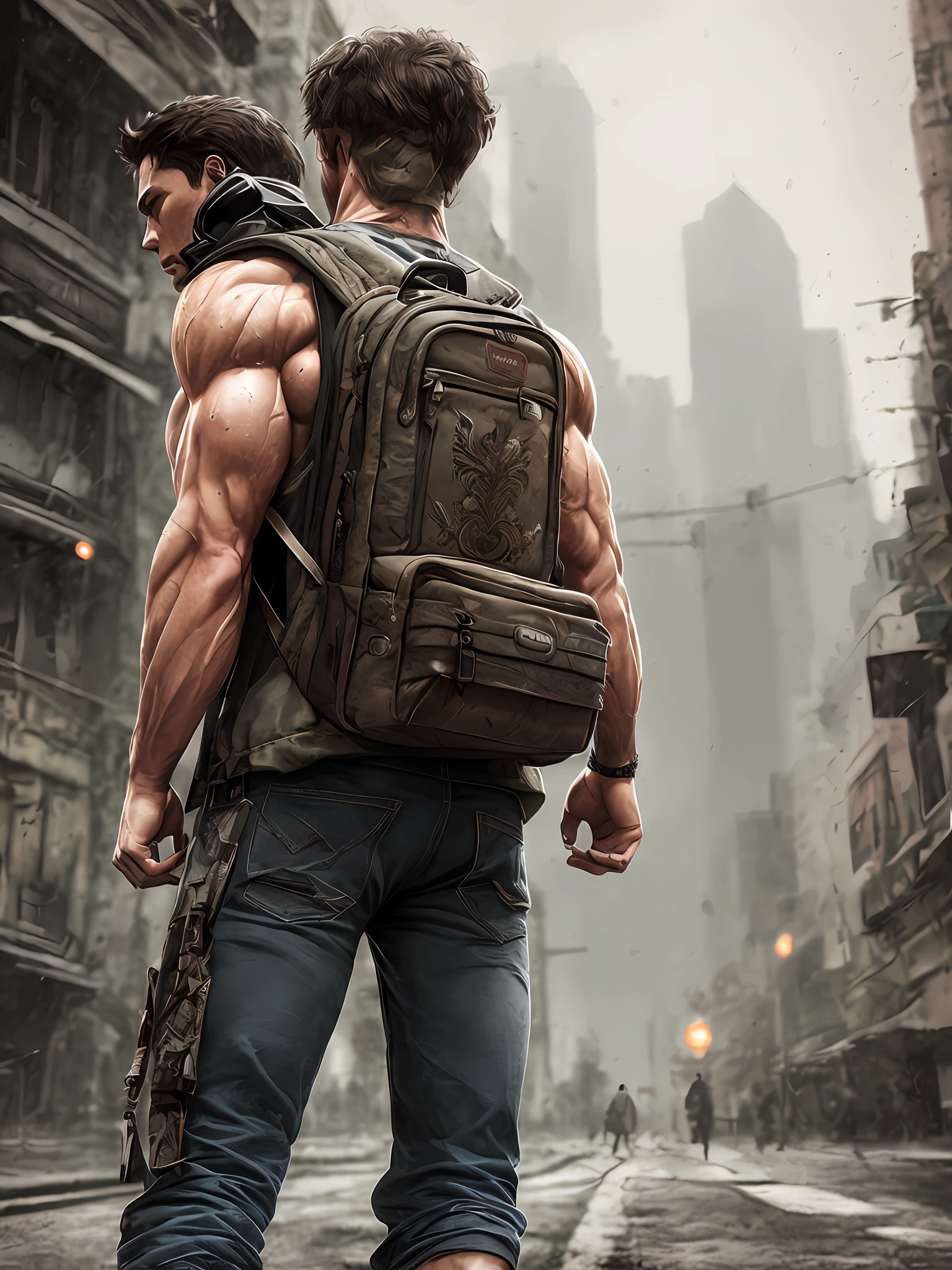 strong muscular man, street angry, backpack, epic realistic, photo, faded, complex stuff around, intricate background, soaking wet, neutral colors, ((((hdr)))), ((((muted colors)))), intricate scene, artstation, intricate details, vignette