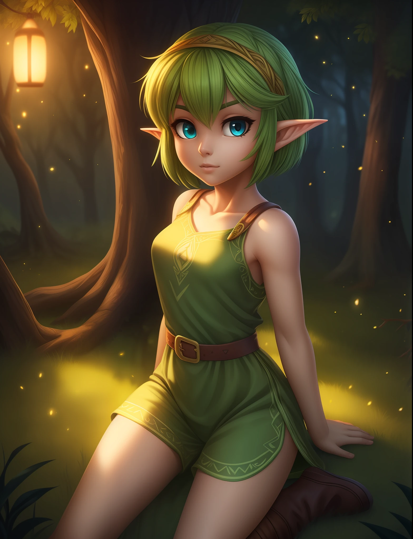 1girl, (green hair:1.1), short hair, pointy ears, wearing a green (tunic:1.2) and shorts, (illustration:1.1), highres, (extremely detailed CG unity 8k wallpaper:1.1), (midshot:1.1), (fullbody:1.25), (solo:1.2), plant, tree, (beautiful eyes:1.15), green boots, leaves swirling around the girl, wariza, leaning against tree at night, blue_eyes, (beautiful face:1.15), (((flat background))), (fireflies:1.1), parted lips, highly detailed face, ultra realistic, masterpiece, best quality, the legend of zelda, bokeh, extremely detailed, intricate