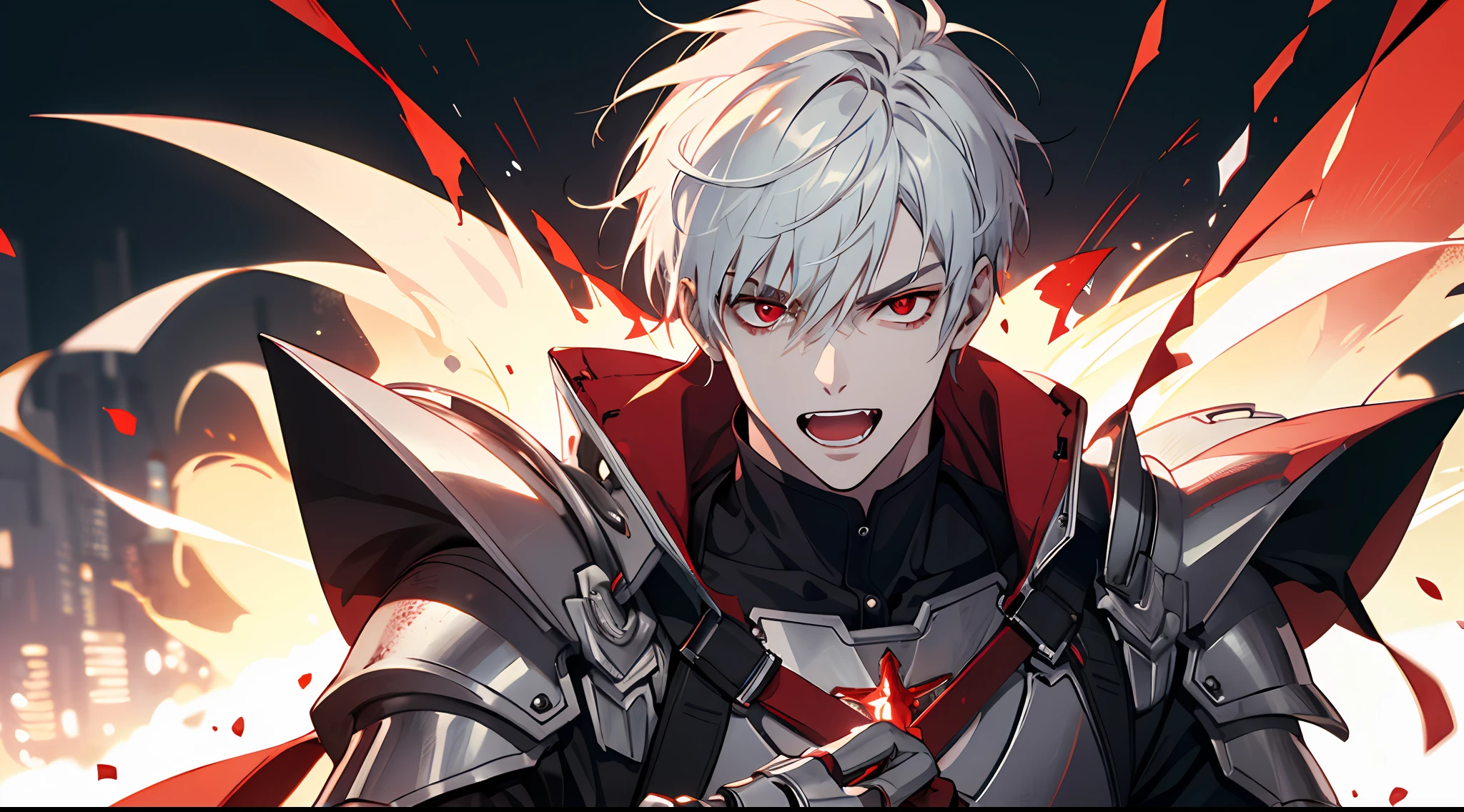 (ridiculous, high resolution, super detailed), (panorama), (1 male), tall, wearing silver armor, red eyes, evil charm, short white hair, red streamer, red magic surrounding, exaggerated light, hands emitting red light, open mouth