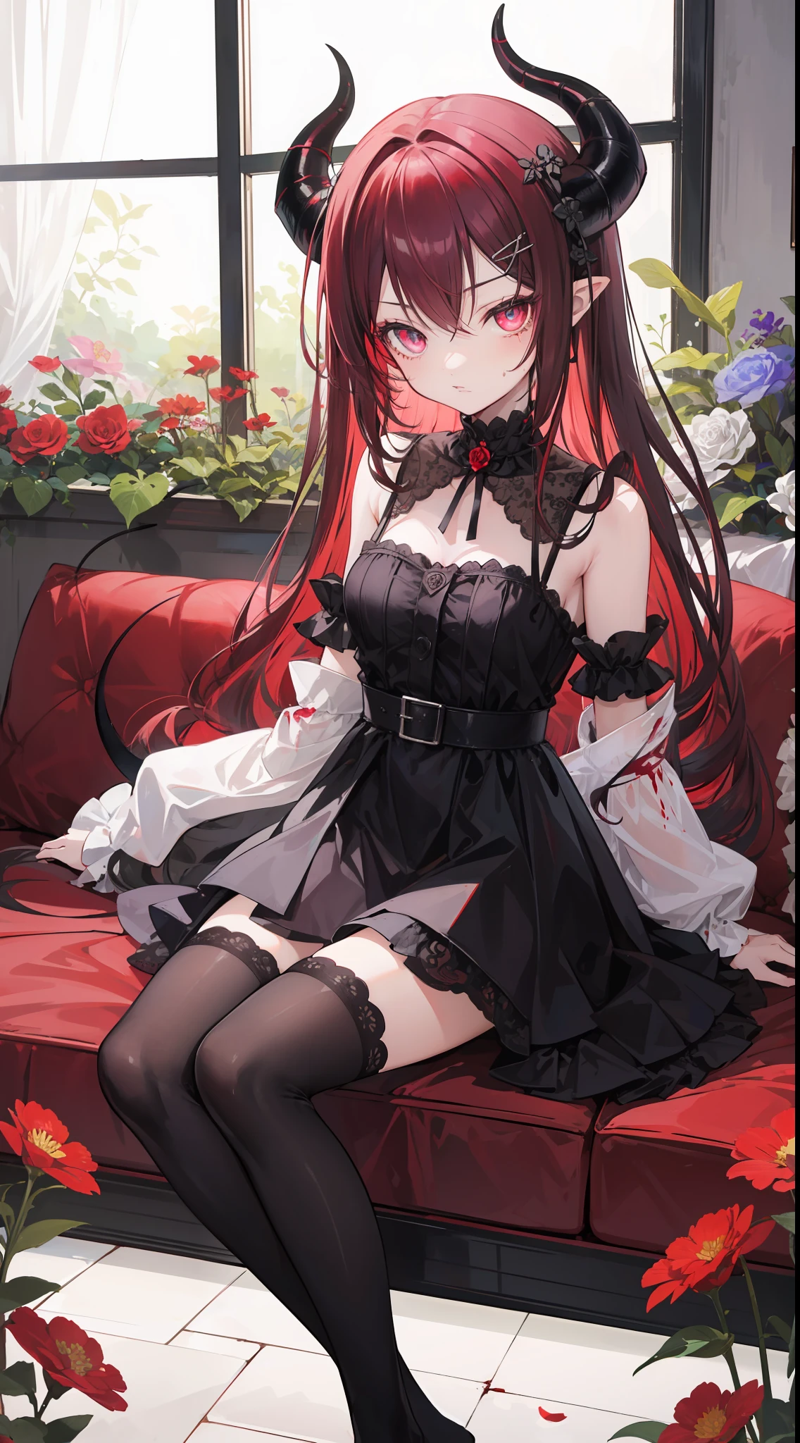 Inside the flower garden, there is a  girl, her hair is purplish red, her eyes are red, she has horns, she is an envious demon, she is sin of envy, and in her body full of human blood, she sitting around flower of death