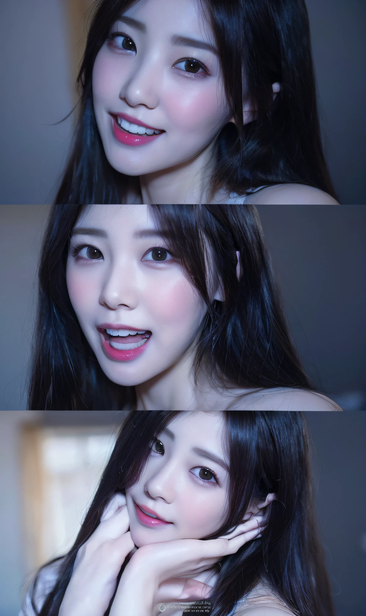 there are two pictures of a woman with long hair and a smile, wan adorable korean face, beautiful faces aesthetic, beautiful aesthetic face, she has a cute expressive face, she has a cute face, clear cute face, milky white skin, aesthetic!!!!!! female genie, 4 k hd face!!!, ulzzang, with cute doting eyes, from 8 k matte