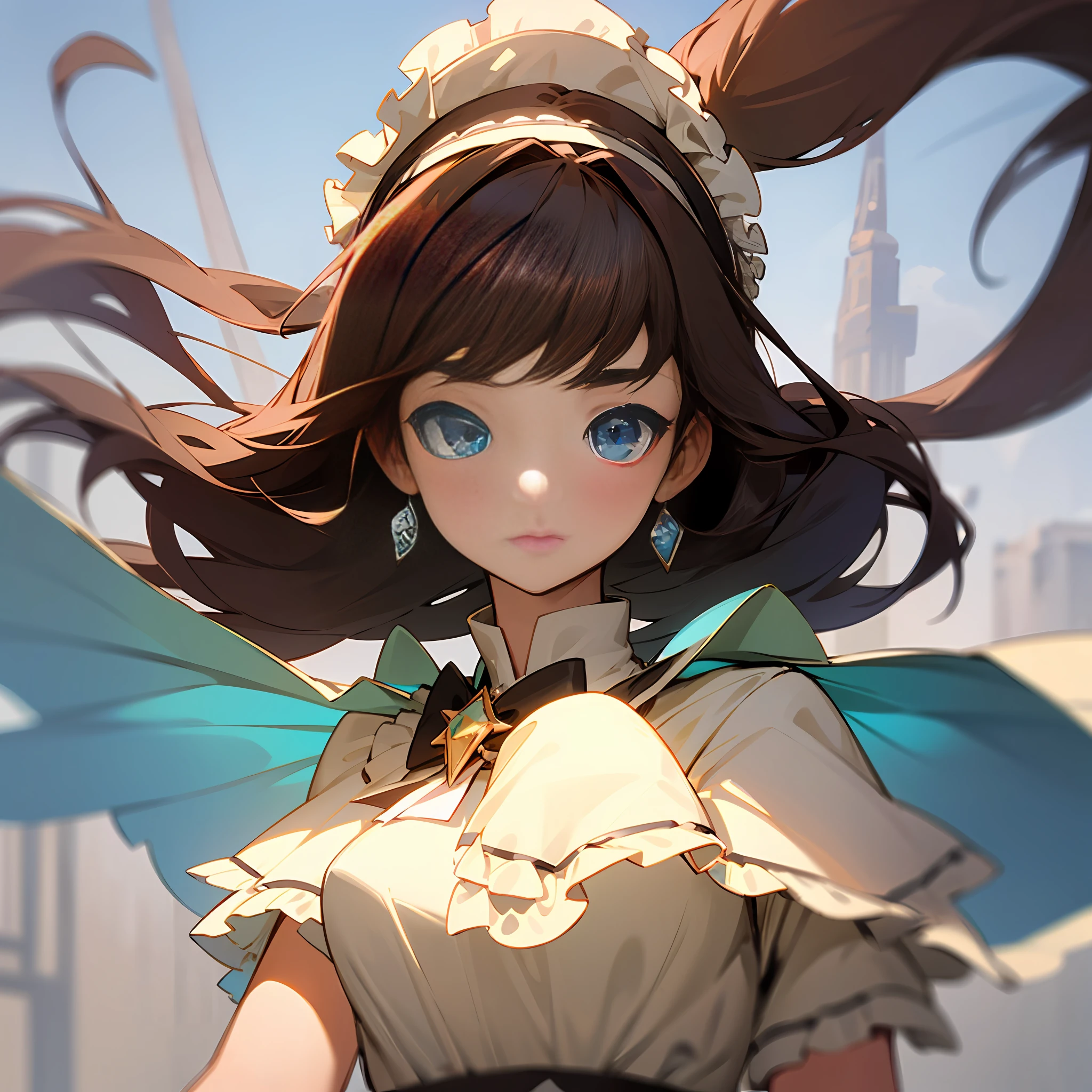 Classic (())), ((best quality)), (hyperfine), (illustration), light (fine), (extremely delicate and beautiful), (beautiful delicate eye),1girl,bangs,blue_eyes,blush,bonnet,brooch,brown_hair,capelet,closed_mouth,dress,earrings,eyebrows_visible_through_hair,floating_hair,frilled_hairband,frills,gem,headdress,jewelry,lolita_hairband,long_hair,looking_at_viewer,maid,maid_headdress,outdoors,sapphire_(gemstone),solo,sunlight,upper_body,wind --auto