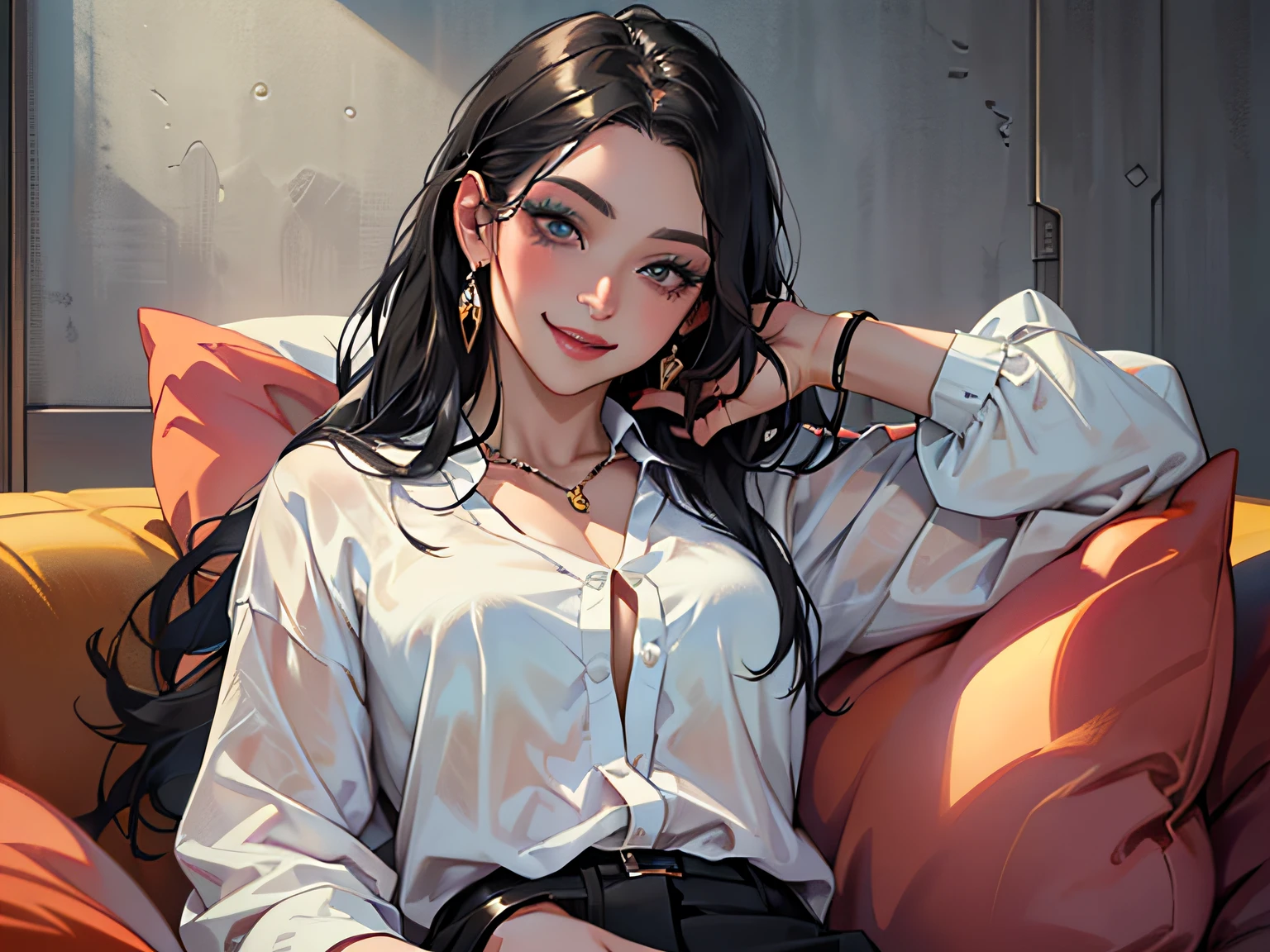 (A middle-aged woman in a white shirt with long black hair sitting on the sofa: 1.5), (holding a mobile phone in her hand: 1.4) (eyes wide open: 1.3) (hands spread out: 1.5) (exquisite jewelry, makeup beautiful, beautiful, temperament: 1.5) (smiling expression on the face: 1.5), masterpiece, masterpiece,