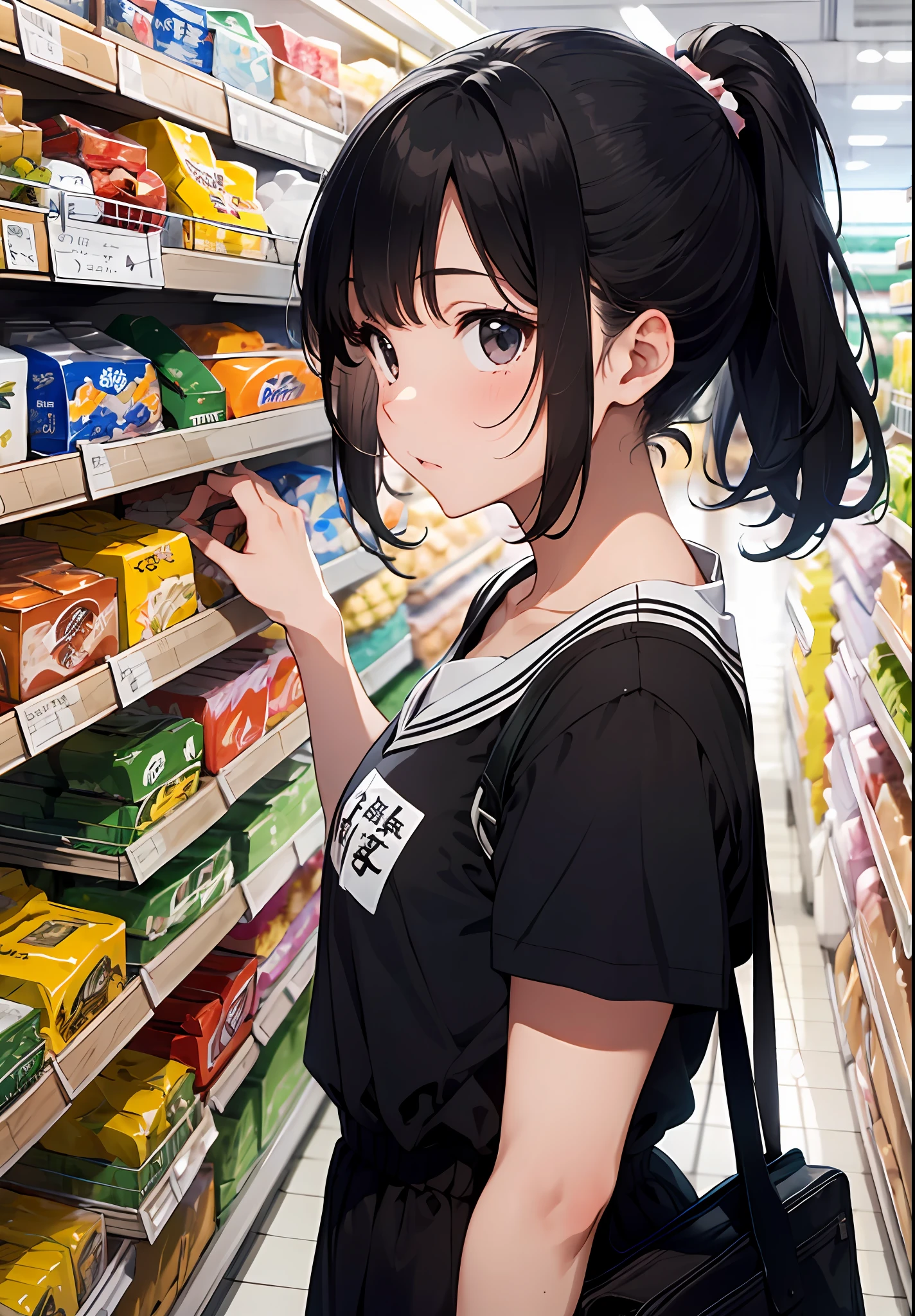 1 girl, employee uniform,  black hair,  black eyes, high ponytail, gloom \(expression\),  supermarket,