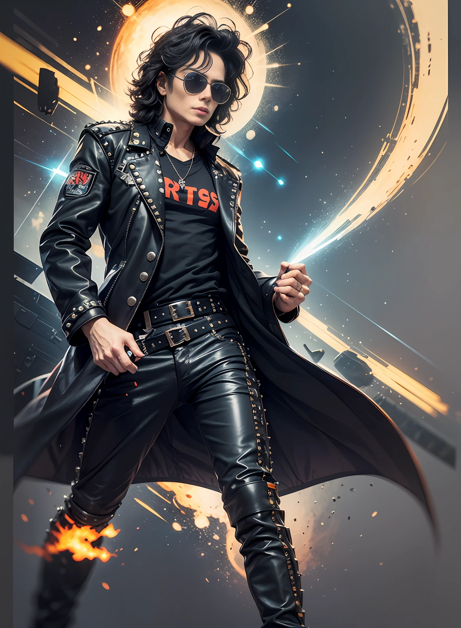 Michael jackson, sunglasses, black pants with rivets, 1 black belt, long coat, long t-shirt, rivets, holster, rivets, just one body, front view, night, explosions behind, plays electric guitar.
