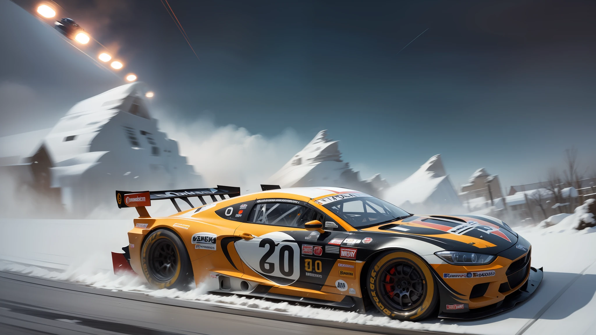 (a high-speed racing car:1.2) zooming across the blizzard, rock road, rock hills, oreange car