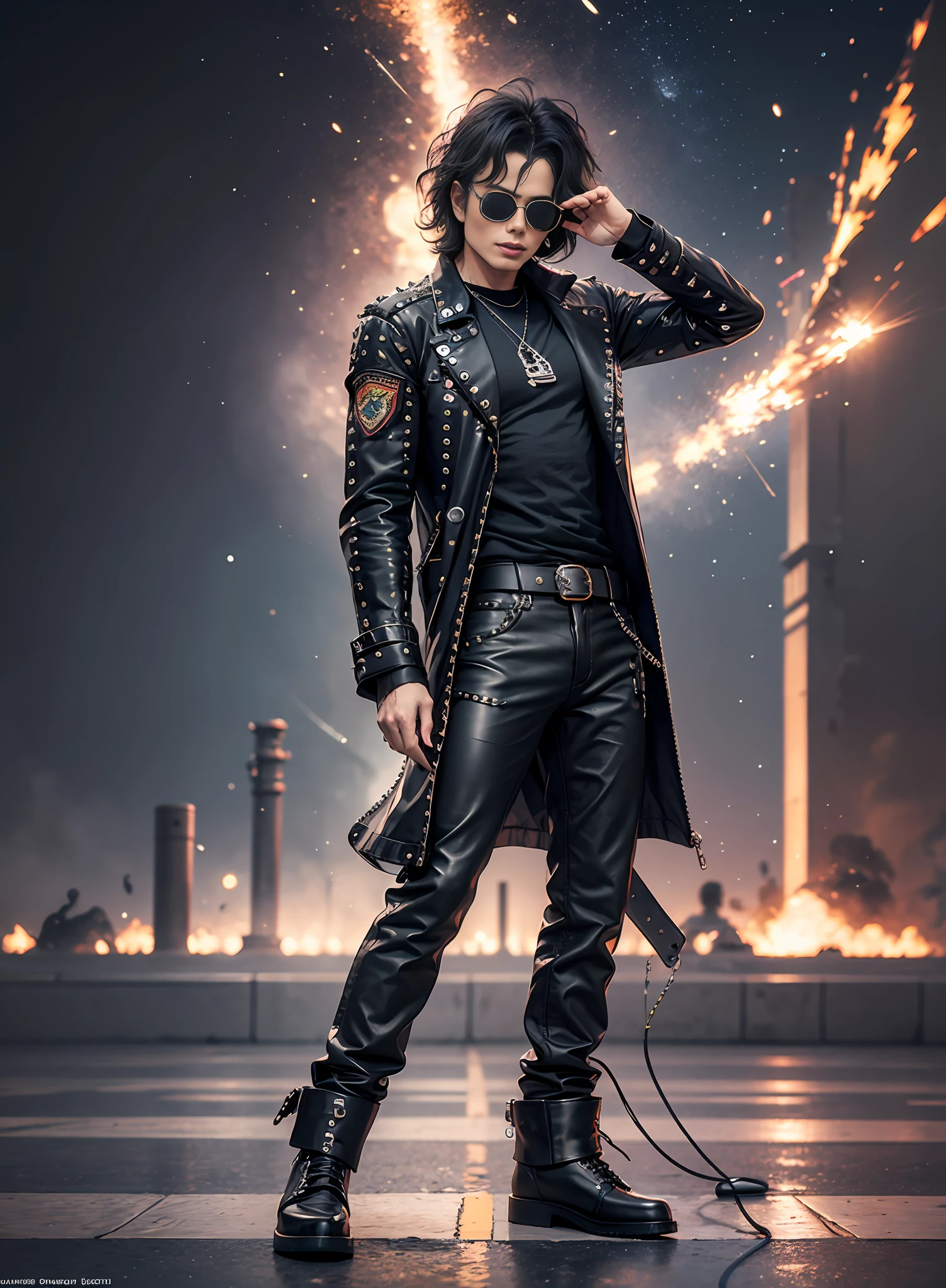 Michael jackson, sunglasses, black pants with rivets, 1 black belt, long coat, long t-shirt, rivets, holster, rivets, just one body, front view, night, explosions behind, plays electric guitar.