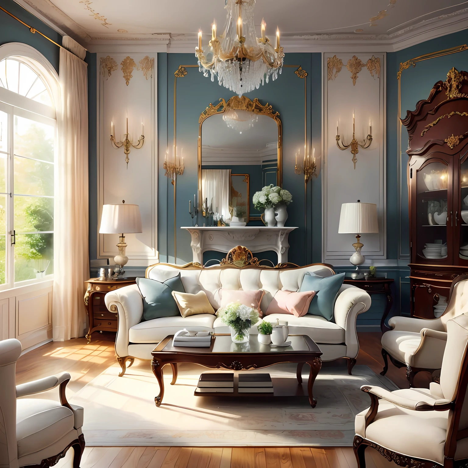 Rectangular dining room, living room and tea table in one