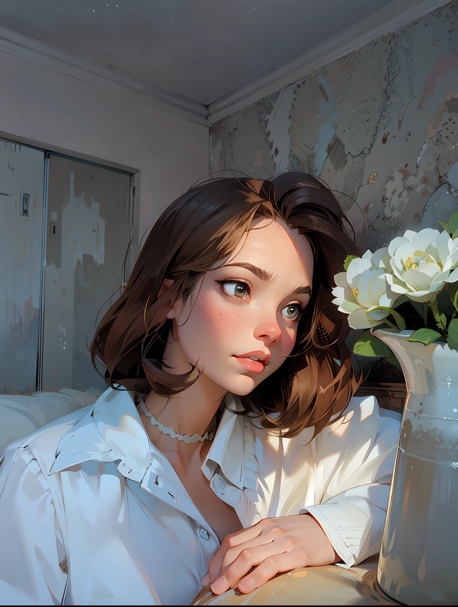 a hyper-realistic portrait of a young woman, under a tree, inside a forest, in the middle of nature, 22 years old, realistic, (lying on her side), sexy, (huge breasts 2:1), short brown hair, (hair tied with bows), curved, SFW