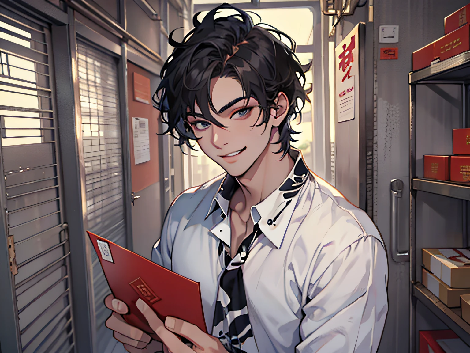 (A boy in a white shirt with short black hair standing in the middle of the room holding a big red envelope looking at the camera: 1.5) (Open eyes: 1.3) (Holding a big red envelope in his hand: 1.5) (Exquisite jewelry, makeup handsome, handsome, temperament: 1.5) (smiling expression on the face: 1.5), masterpiece, masterpiece,