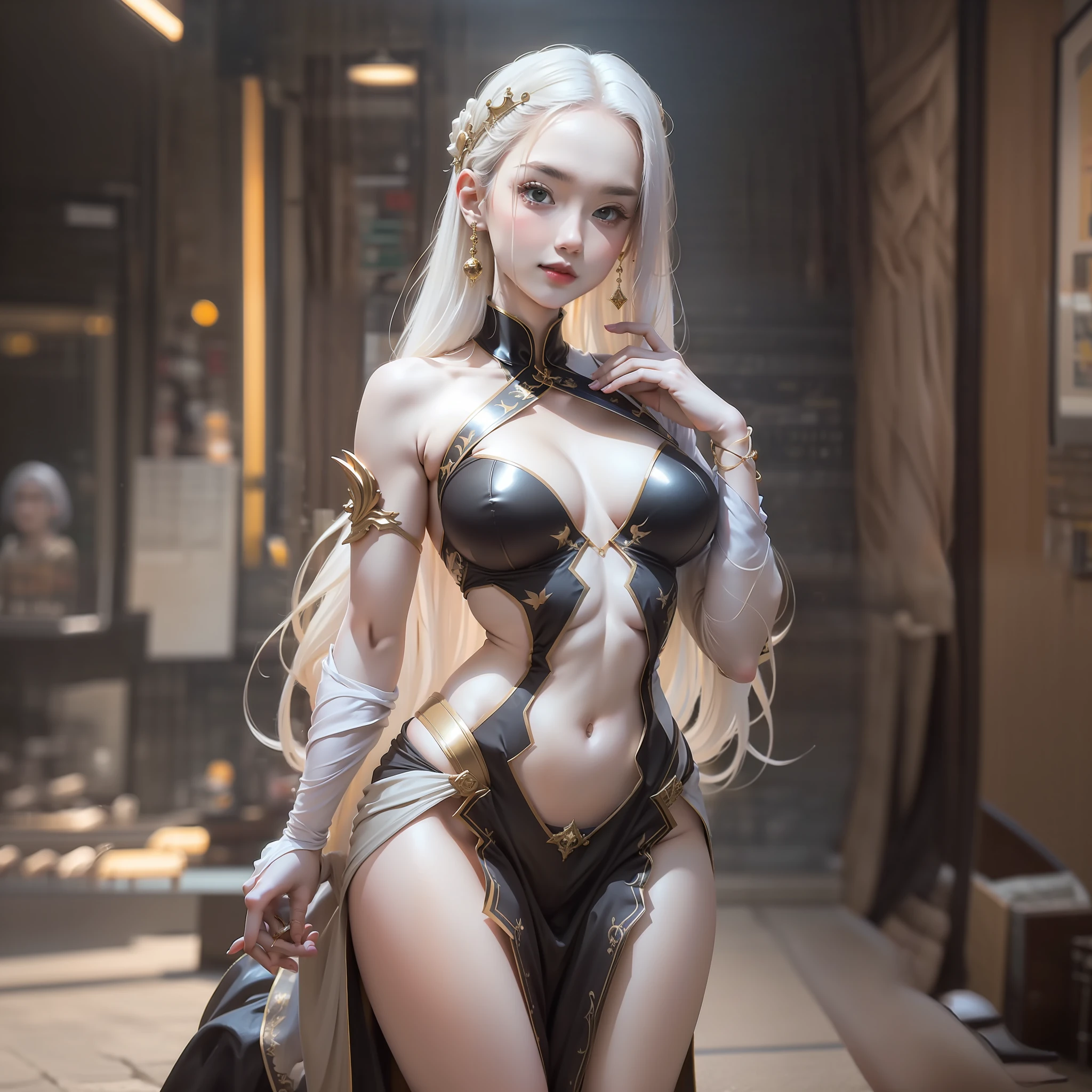 Upturned legs, 20 years old beautiful woman, long white hair,, gold high heels, crown, full body picture