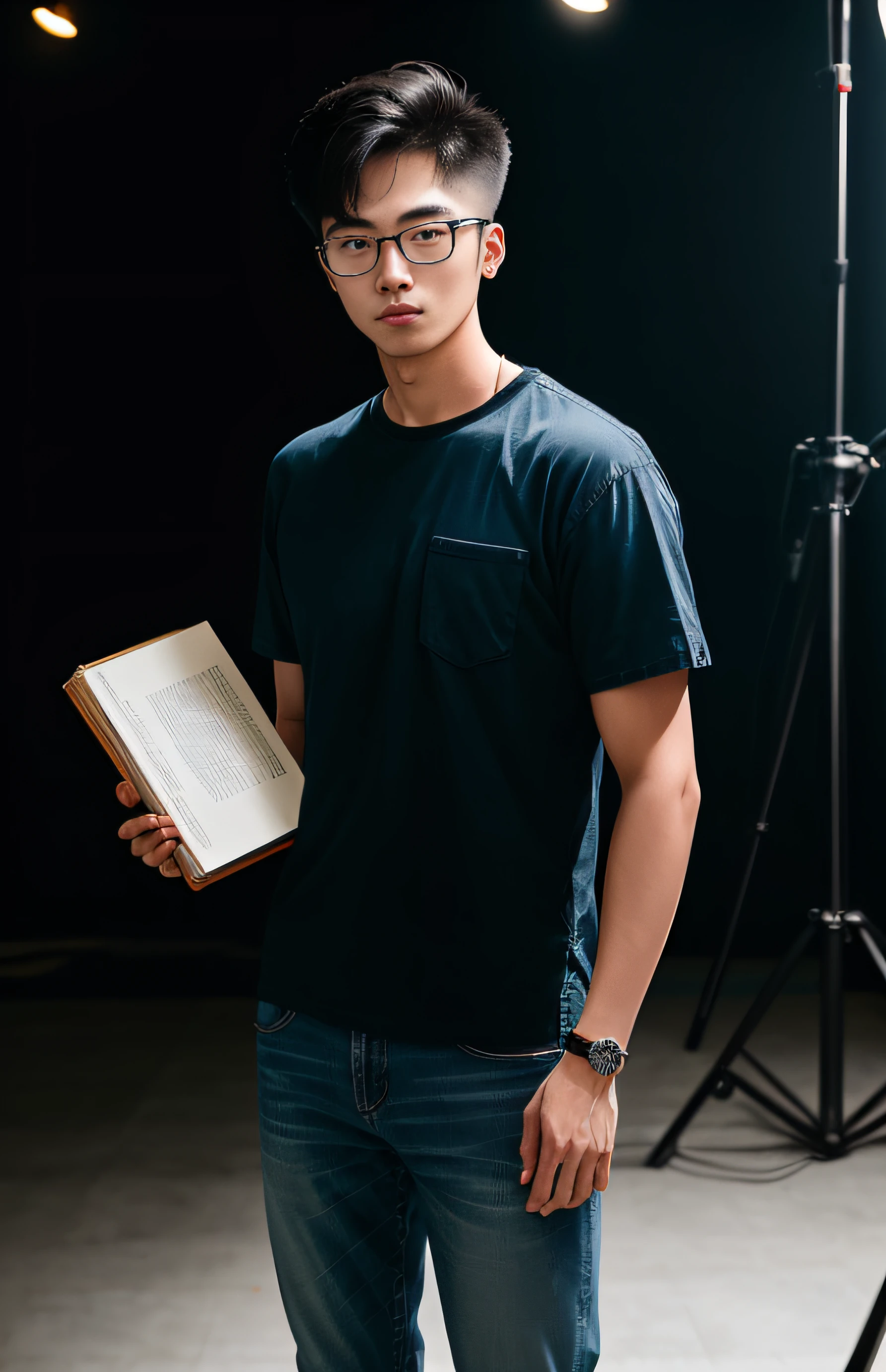 cyberpunk portrait photography, 20 years old Korean,web designer, wear glasses,handsome young man looking off camera, super realistic face, eyes visible through hair, Crew Cut:hair style, proper eye position, natural skin, soft light, rim light, in studio, detailed background, intricate , highly detail, octane render, HD, 8k, by Annie Leibovitz,120mm, shoulder,front view,wearing a Simple blue shirt and denim jeans, holding a book