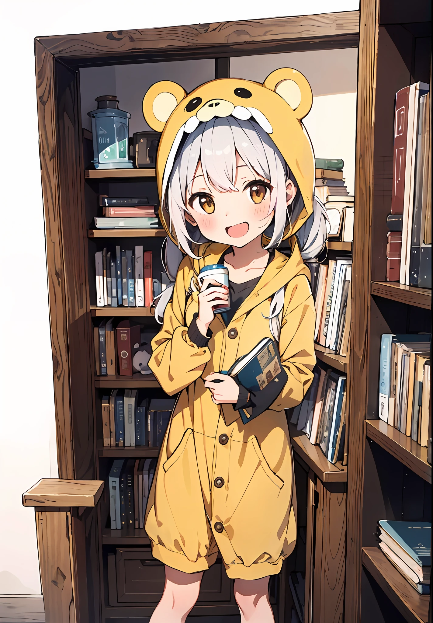 //
[(white background:1.5)::5],
//
(solo:1.2),1girl,chibi,smile,open mouth,closed eyes,white hair,low twintails, bear ears, full body, standing,(yellow animal costume:1.2), hood up, at home,growth,bookshelves, cats, books, cups, clocks,