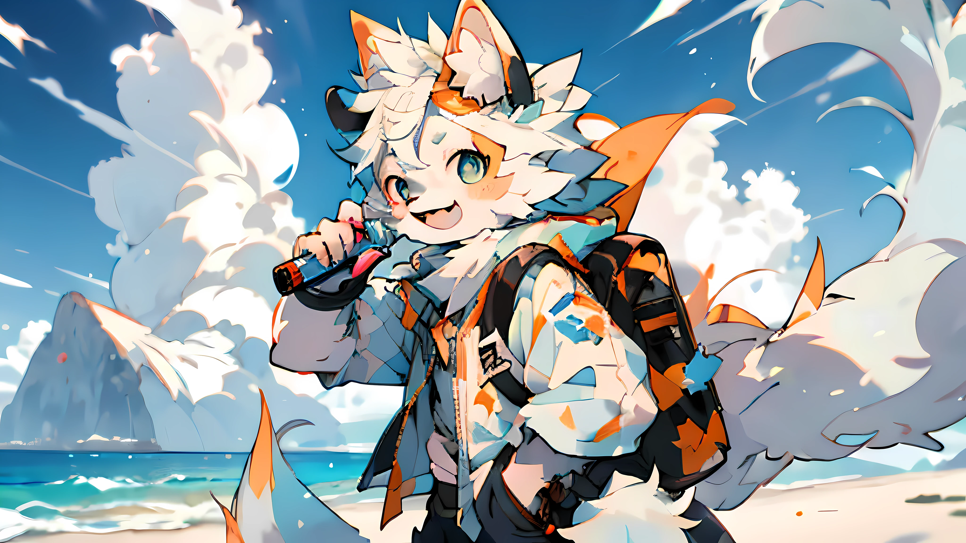 Anime characters with backpacks and phones on the beach, Furry fantasy art, Fursona Furry Art Council, Isekai, Clear clear RPG portrait, Furry Art, Official Art, Official artwork, Profile picture 1024px, Great white bear, Furry Art!, Anthropomorphic furry art, very, very beautiful furry art, holding a can of soda, clear facial features, five fingers, looking at the camera camera, happy smile, furry, one hand in the waistband of the pants