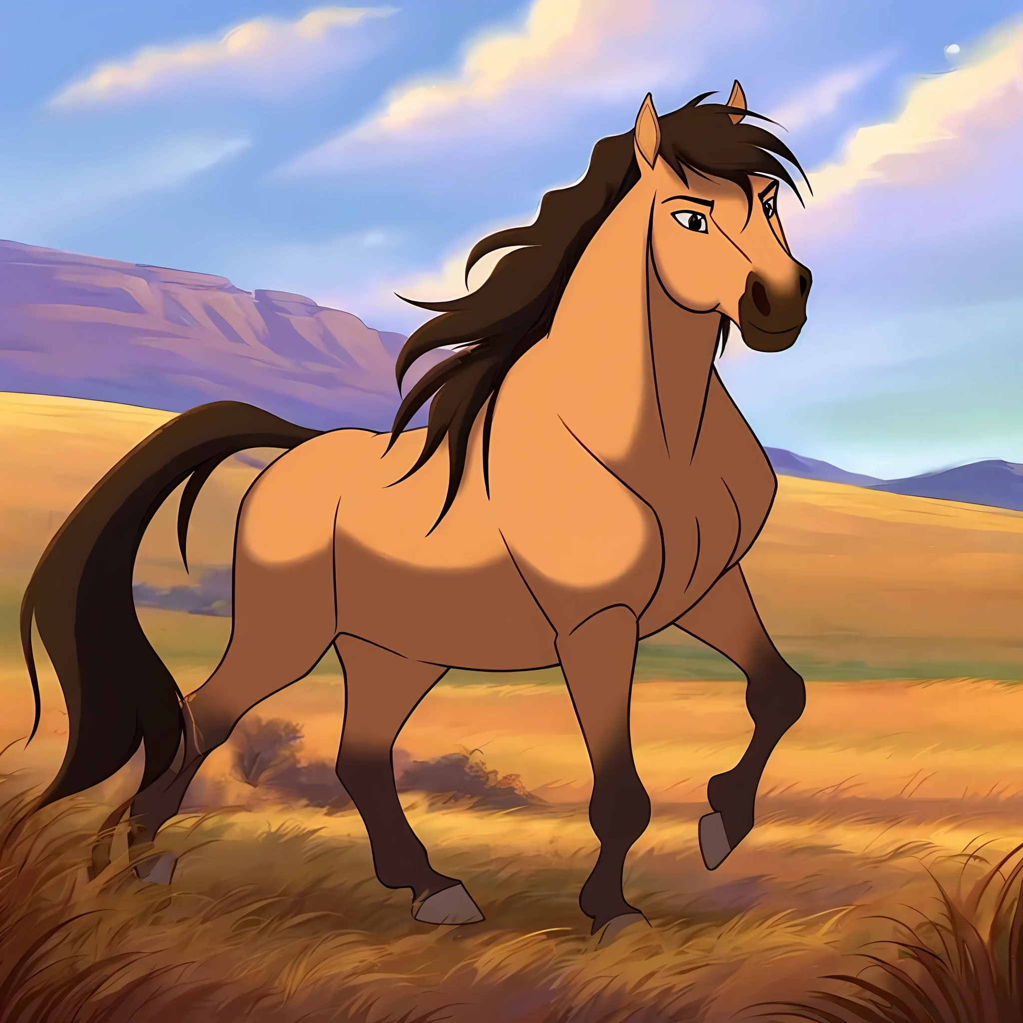 Spirit2002, horse galloping on the prairie, beautiful horse, one head, four legs, long mane, anatomically correct horse, Cartoon, prairies, mountains, freedom