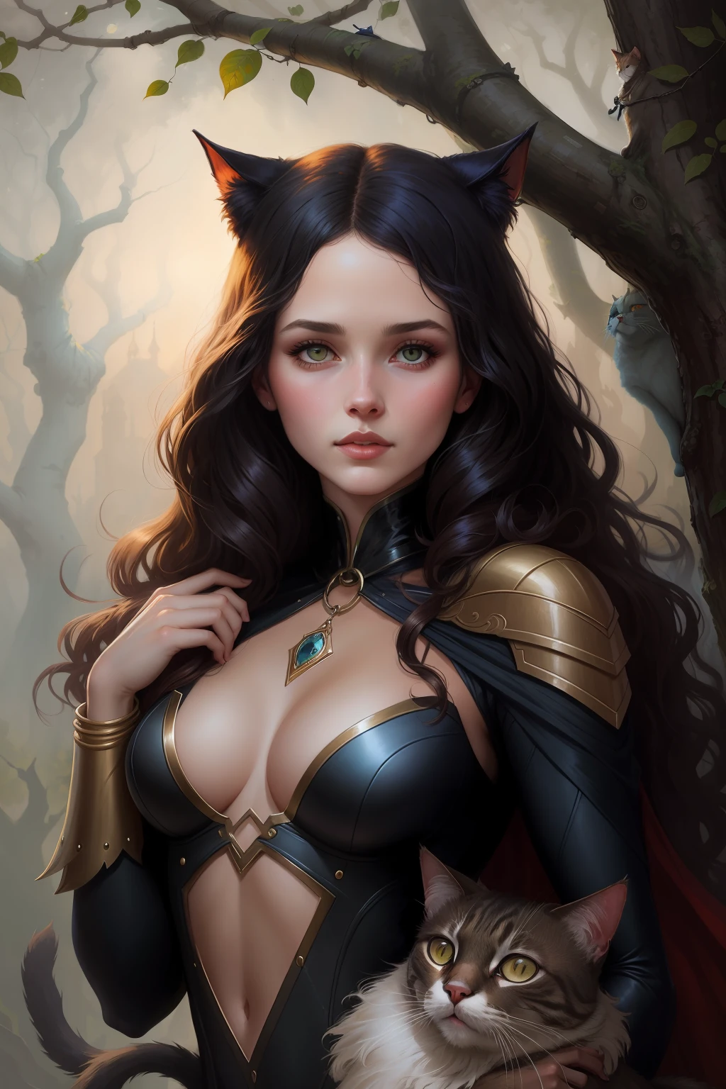 Painting of a Cat Woman Clinging to a Tree Branch, with Stealth Attack Pose, by Tom Bagshaw, by Tom Bagshaw, Portrait of an Aegian Goddess of Cats, Tom Bagshaw Donato Giancola, Tom Bagshaw Artstyle, Fantasy Genre Portrait, Tom Bagshaw Portrait, Tom Bagshaw Style, Tom Bagshaw Weta Studio
