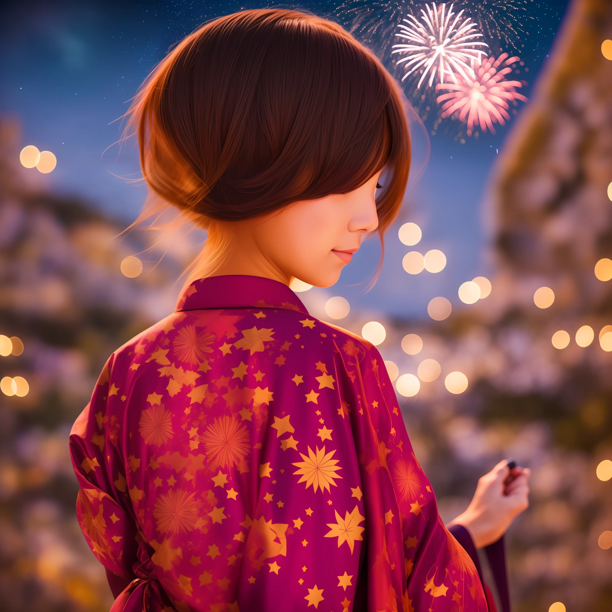 Night sky, fireworks, girl in yukata